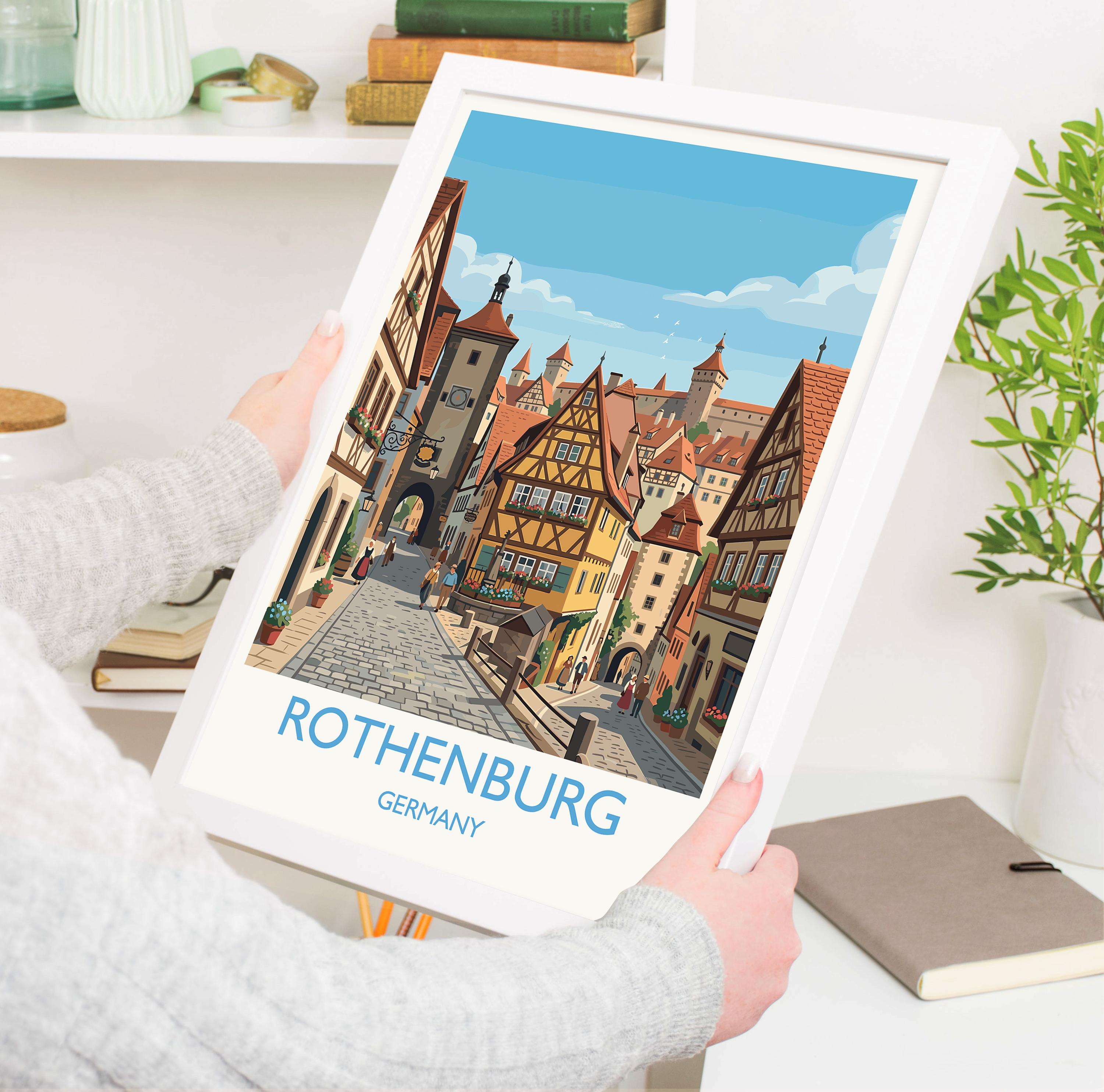 Rothenburg ob der Tauber Travel Poster, Medieval German Town Print, Bavaria Wall Art, Romantic Road Illustration, Germany Travel Decor NQ Media Designs