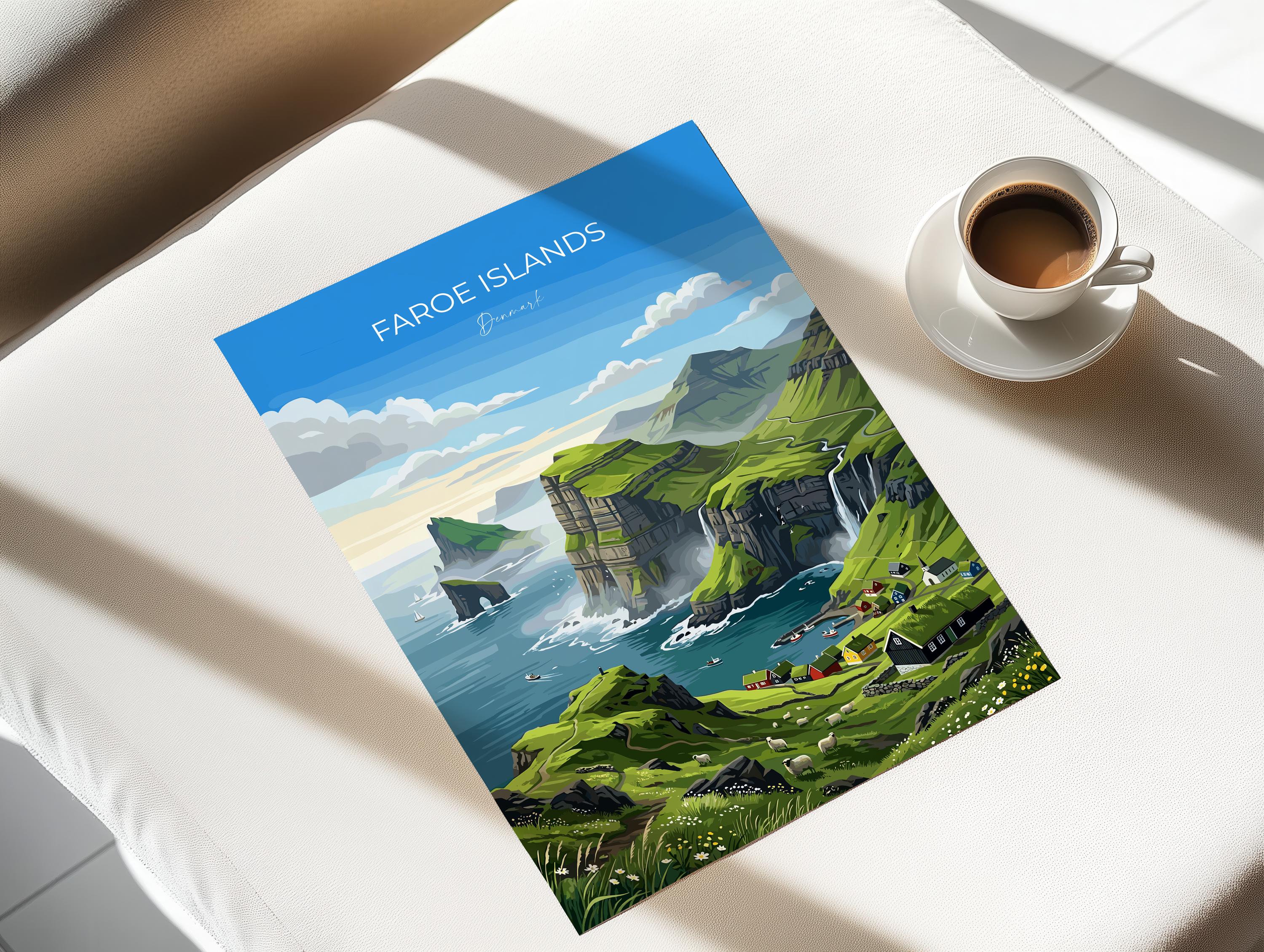 Faroe Islands Denmark Travel Print, Faroe Islands Wall Art, Nordic Landscape Poster, Dramatic Cliffs & Villages, Scandinavian Travel Decor