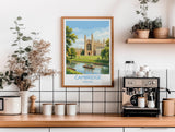 Cambridge Travel Poster, Kings College Cambridge Wall Art, River Cam Punting Scene Print, Historic University Illustration, UK Vintage Style NQ Media Designs