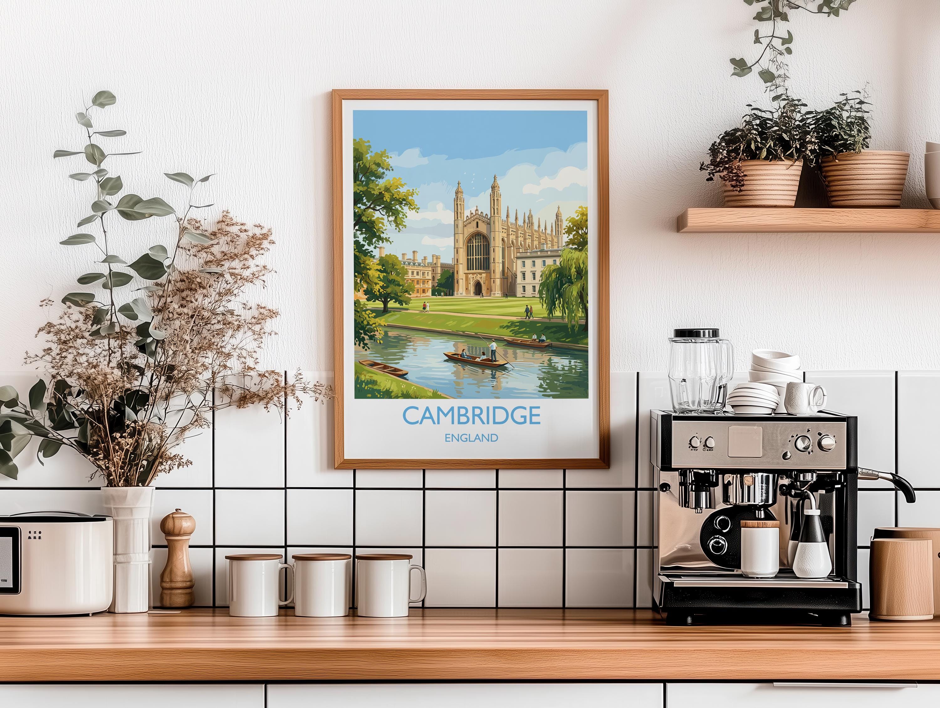 Cambridge Travel Poster, Kings College Cambridge Wall Art, River Cam Punting Scene Print, Historic University Illustration, UK Vintage Style NQ Media Designs
