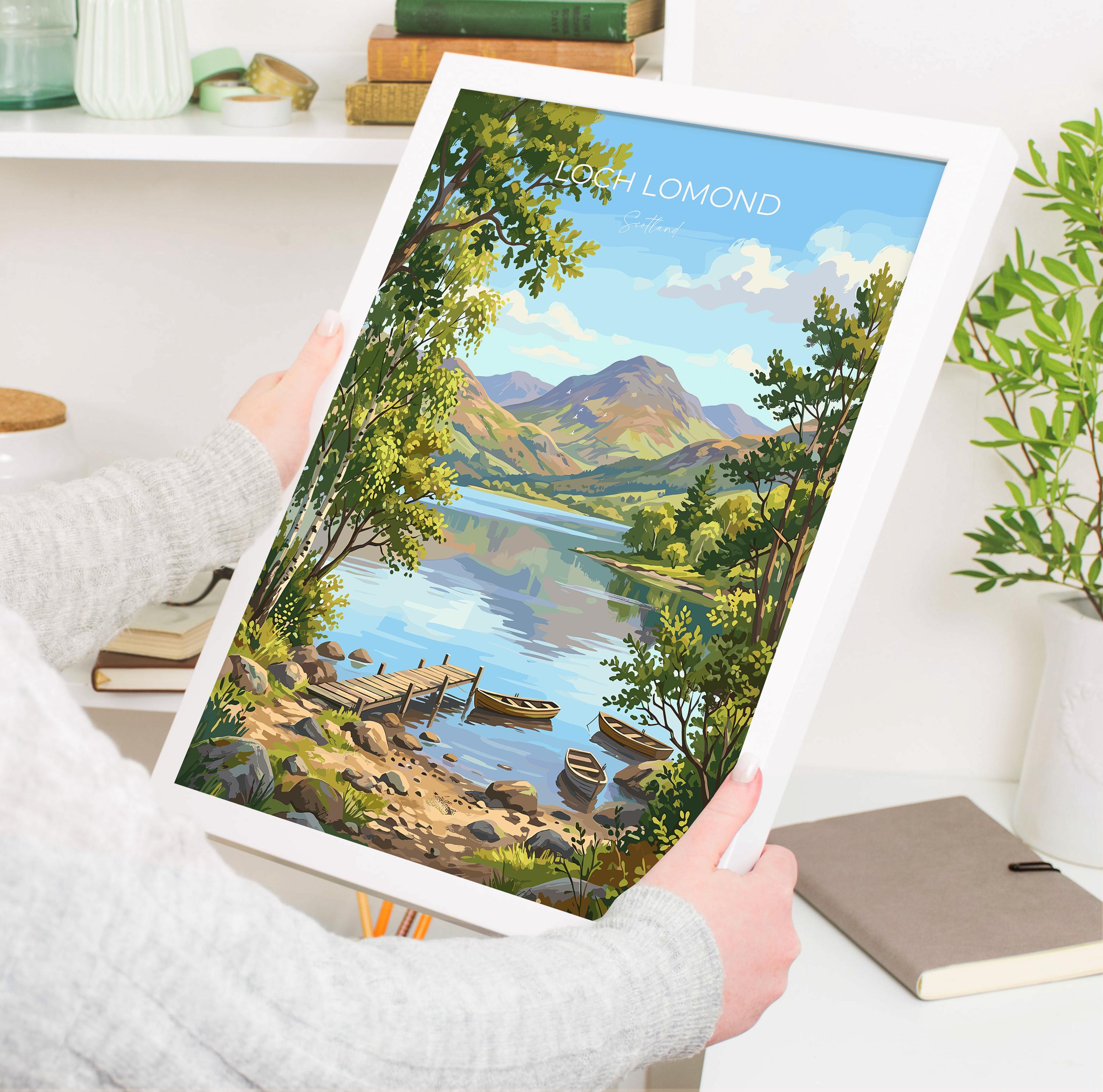 Loch Lomond Scotland Travel Print, Scottish Highlands Wall Art, Scenic Loch Landscape Poster, Nature Illustration, UK Decor, Scotland Gift