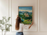 Bavarian Alps Travel Print, Neuschwanstein Castle Wall Art, Bavaria Germany Poster, Alpine Mountain Landscape Illustration, Europe Decor