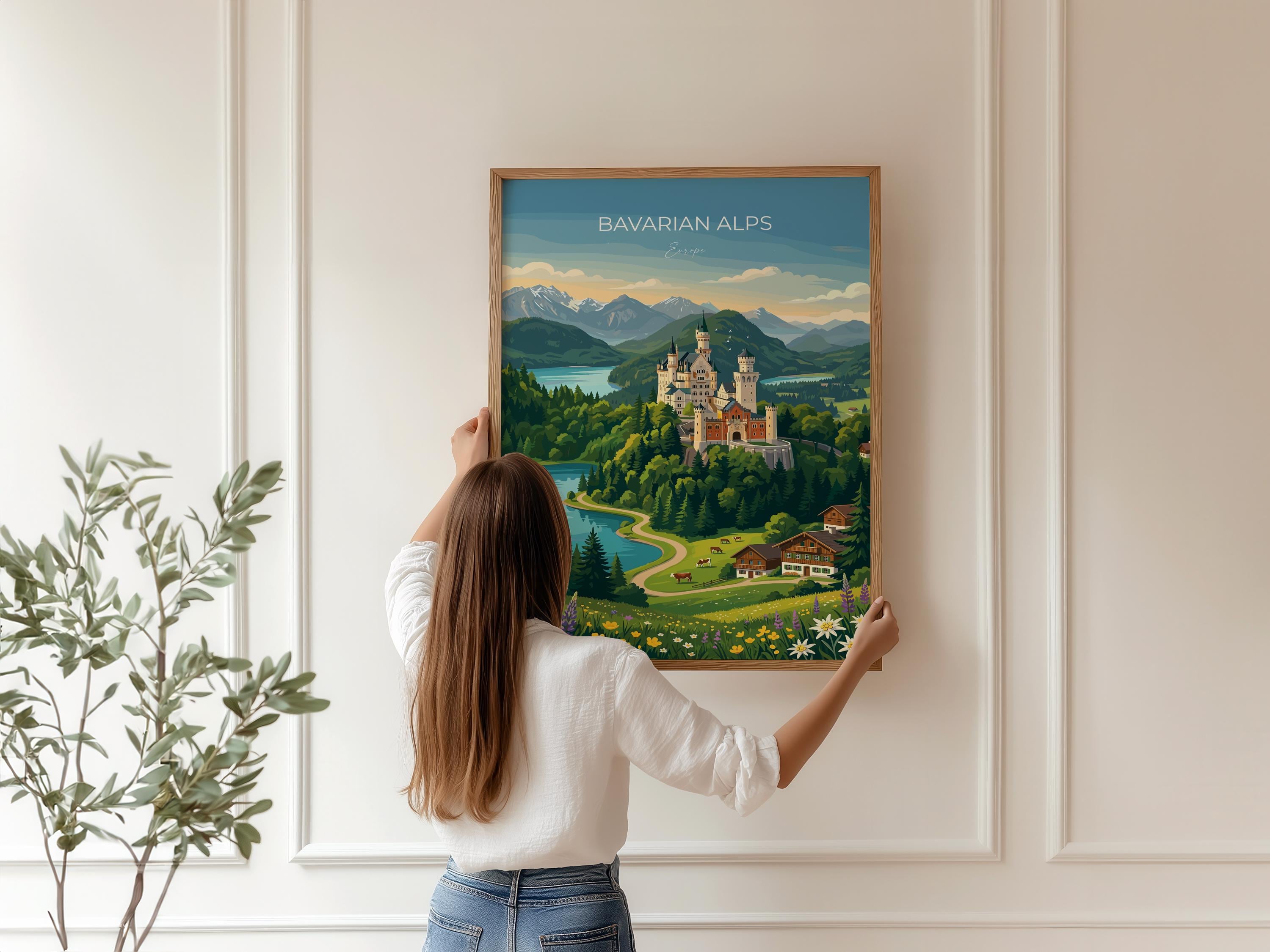 Bavarian Alps Travel Print, Neuschwanstein Castle Wall Art, Bavaria Germany Poster, Alpine Mountain Landscape Illustration, Europe Decor