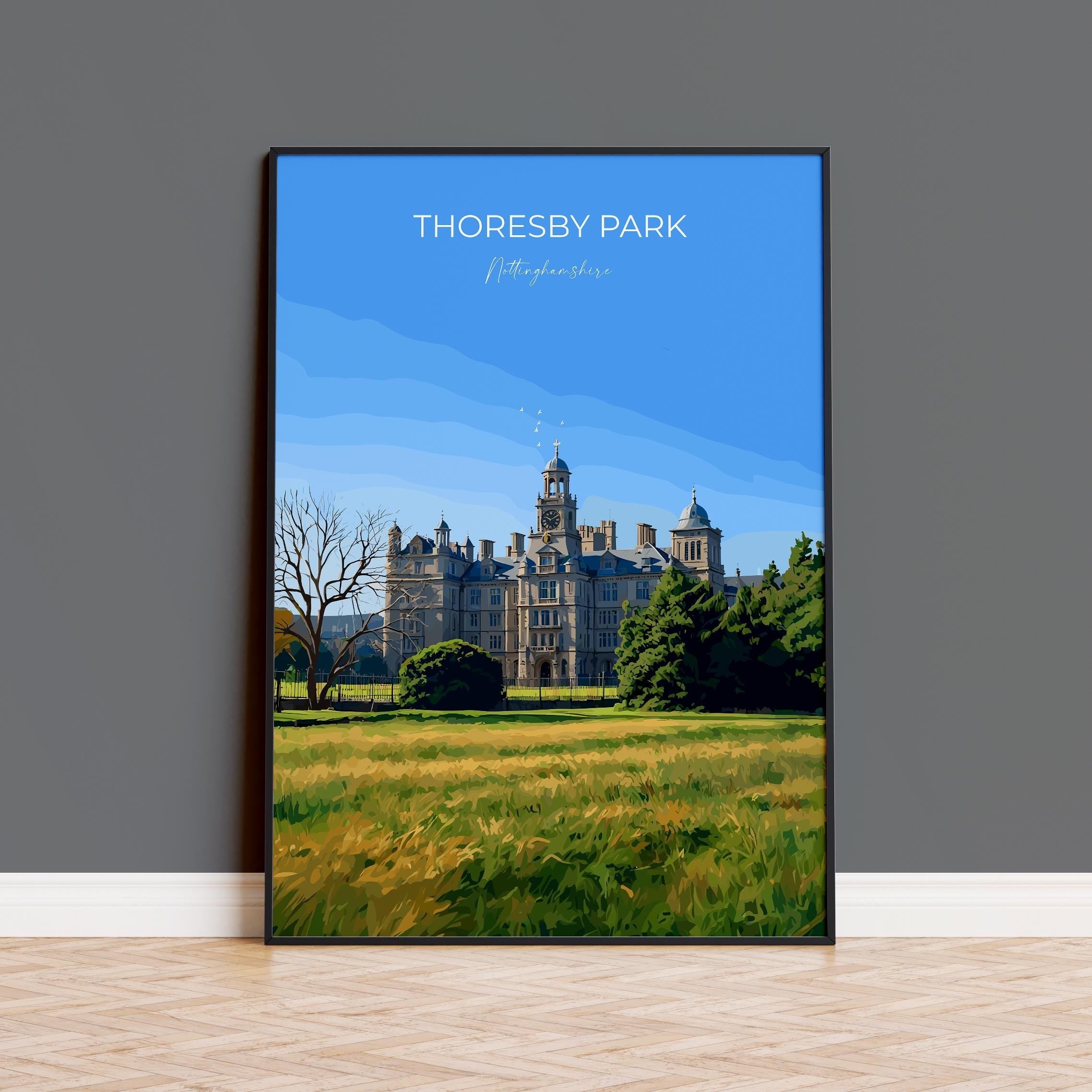 Thoresby Park Travel Print Wall Art, Travel Poster of Thoresby Park, Thoresby Hall, Nottinghamshire, England, English Countryside Art Gift NQ Media Designs
