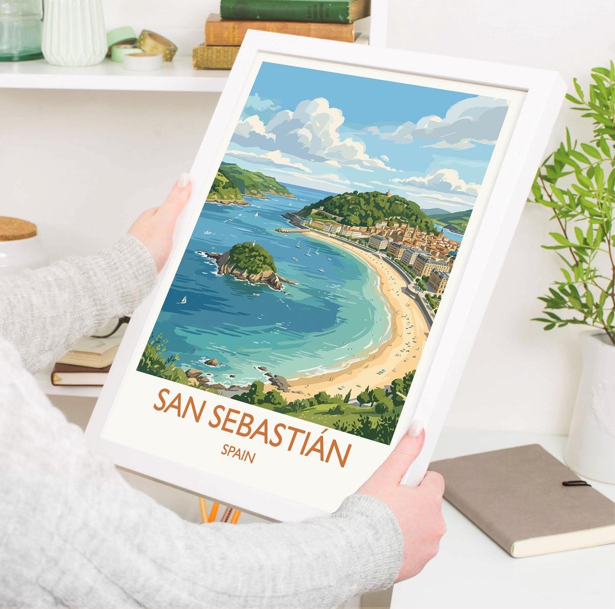 San Sebastian Print, La Concha Wall Art with Border, Basque Coast Poster, Spain Travel Print, San Sebastian Gift Print