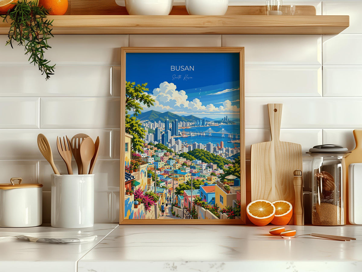 Busan Travel Poster, South Korea Wall Art, Gamcheon Village Print, Gwangan Bridge Poster, Busan Gift