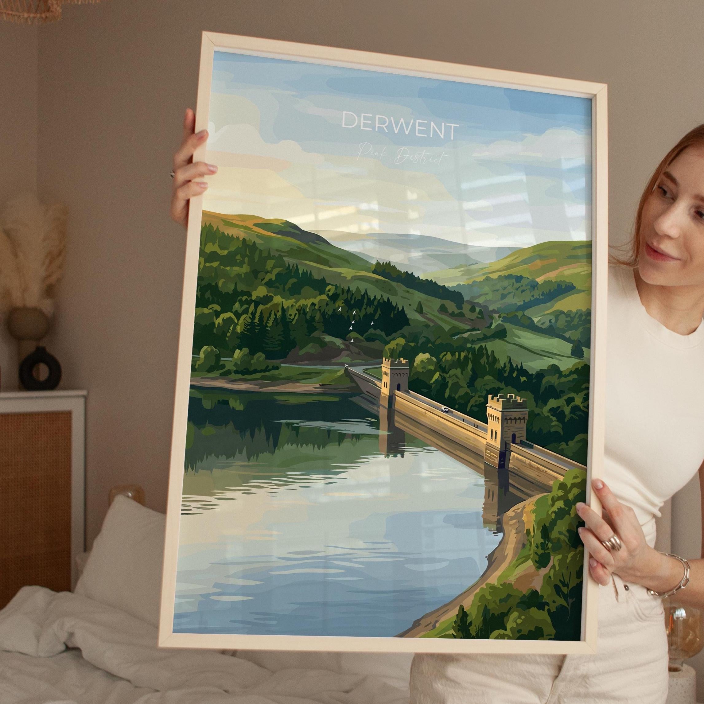 Derwent Reservoir Dam Travel Print, Peak District Wall Art, Ladybower Dam Poster, Derbyshire Landscape Illustration, UK Nature Decor NQ Media Designs