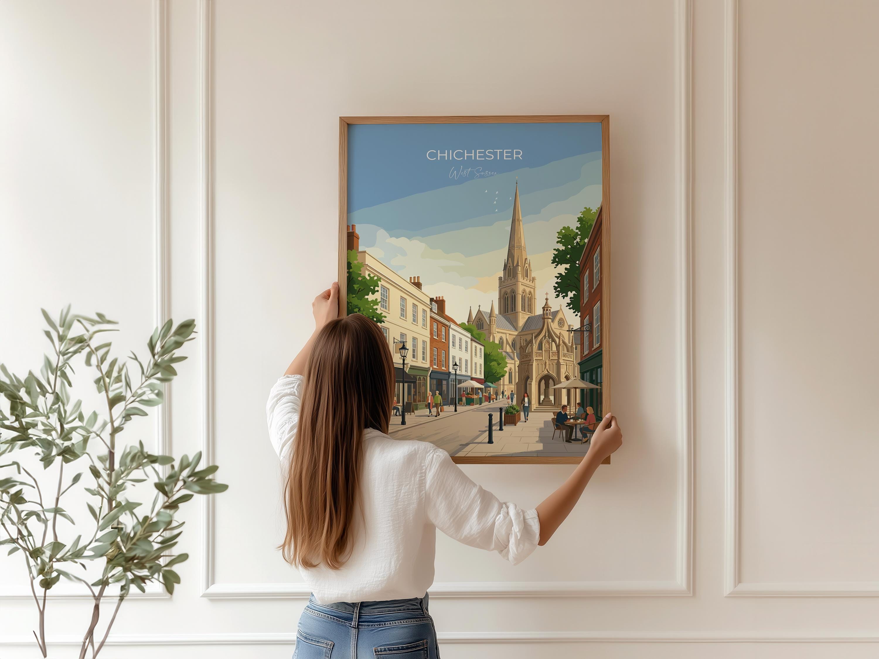 Chichester Cathedral Travel Print, Chichester High Street Clock Tower Wall Art, West Sussex City Poster, Historic England, Vintage Style UK