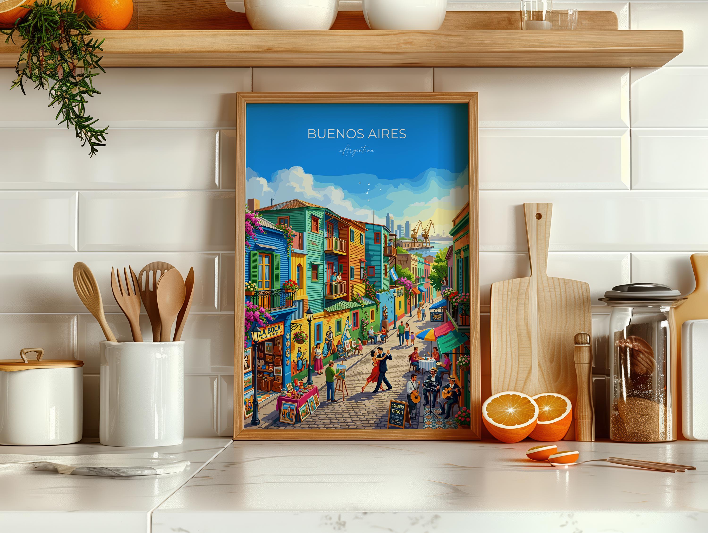 La Boca Buenos Aires Travel Poster, Caminito Wall Art, Colourful Argentina Print, Buenos Aires Illustration, Vintage Style South America