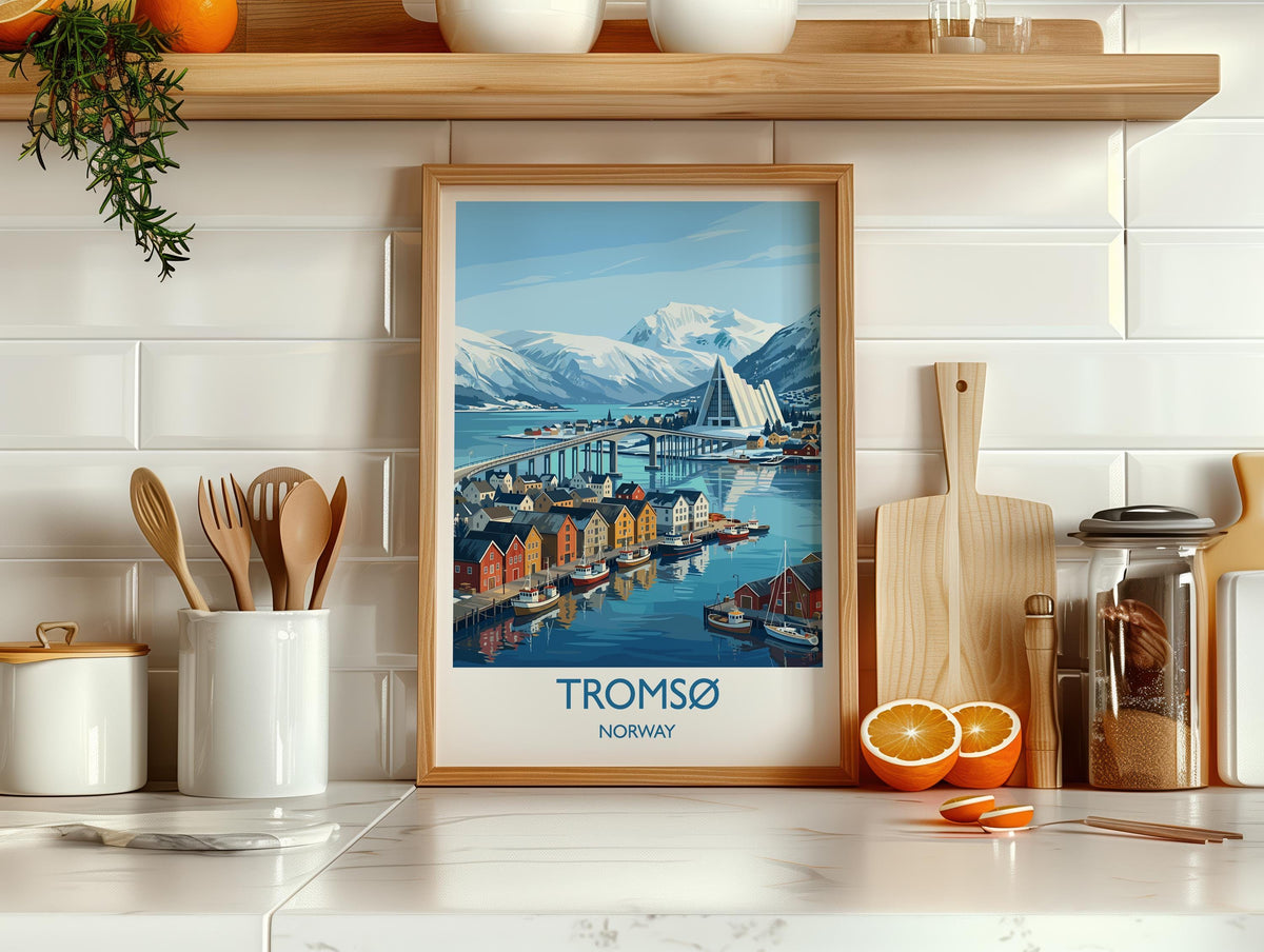 Tromsø Norway Print, Northern Lights Wall Art with Border, Arctic Cathedral Poster, Norway Travel Print, Tromsø Gift Print