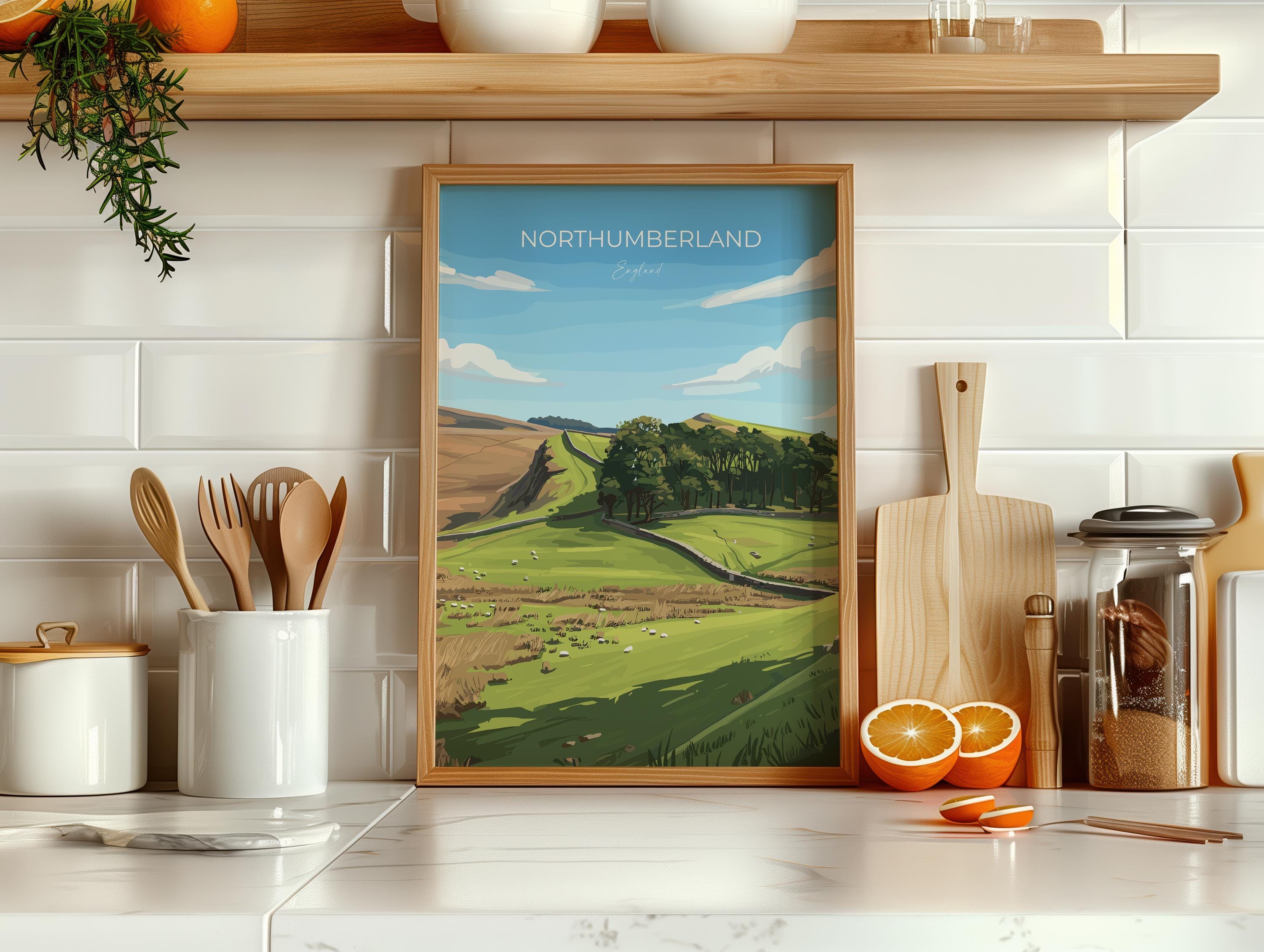 Northumberland Travel Poster, Travel Print of Northumberland Countryside, Hadrians Wall, England, Housesteads Fort Art, Wall Art Print NQ Media Designs