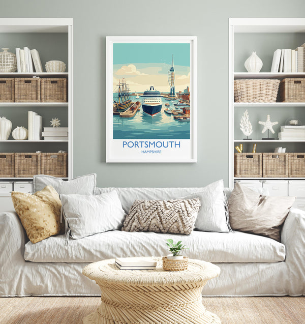 Portsmouth Travel Poster Print, Southsea & Spinnaker Tower Wall Art, Hampshire Coastal City Illustration, UK Travel Decor, Seaside Gift