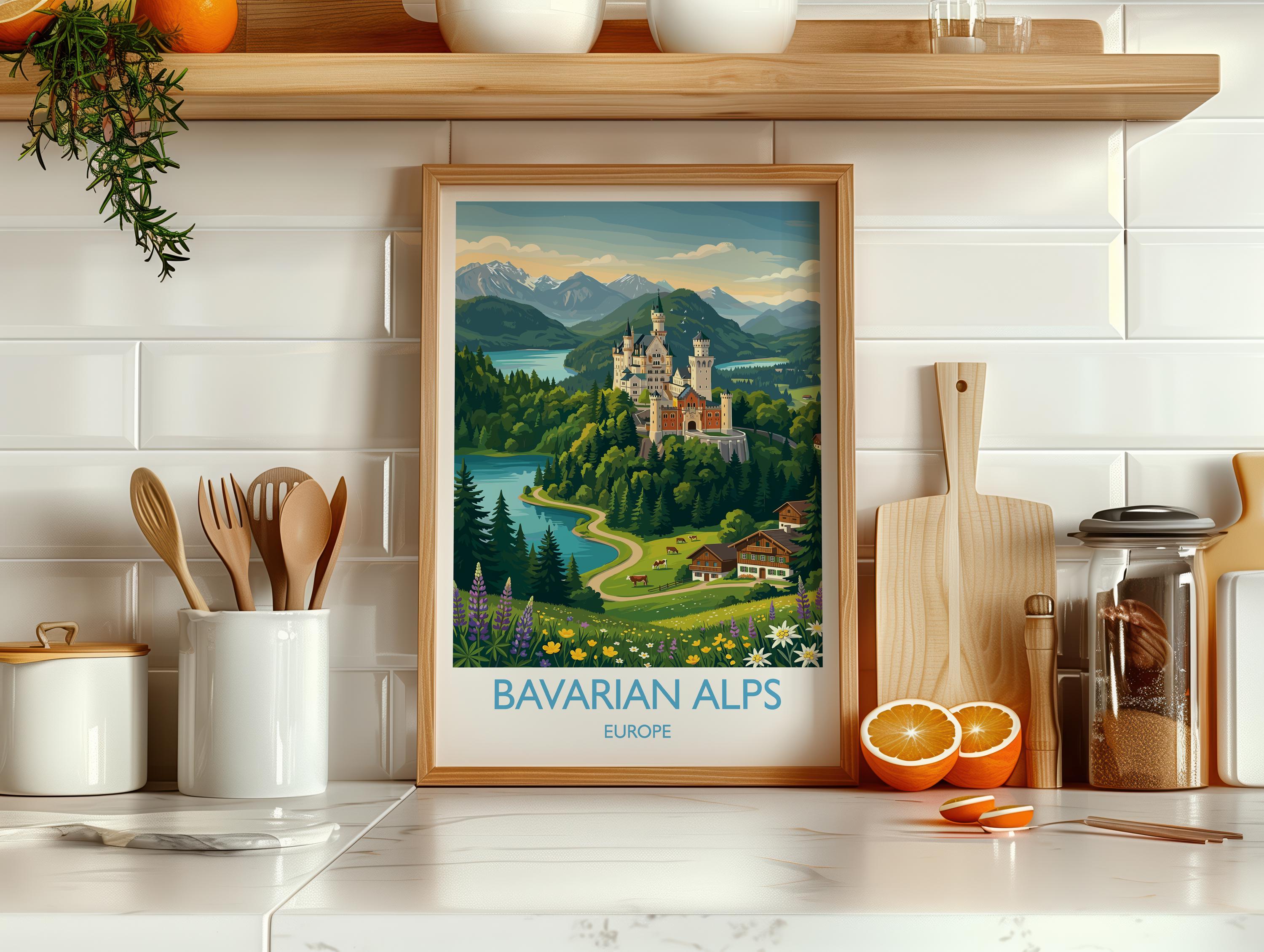 Bavarian Alps Travel Poster, Neuschwanstein Castle Wall Art, Bavaria Germany Print, Alpine Mountain Landscape Illustration, Europe Decor