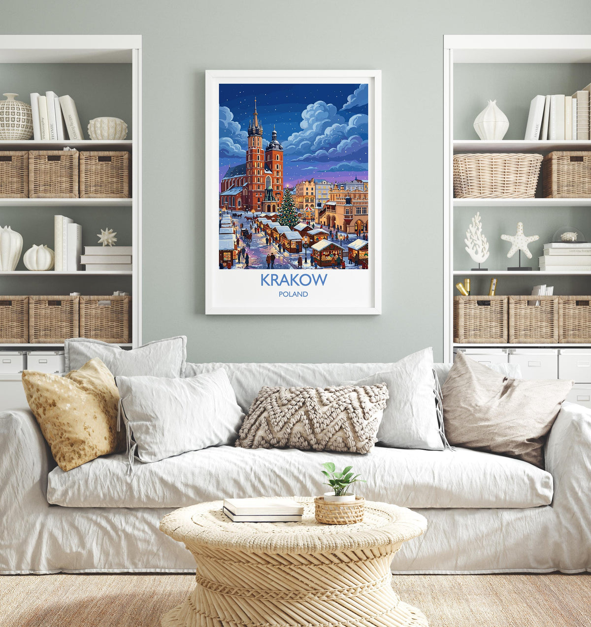 Krakow Christmas Market Print, Poland Winter Wall Art with Border, St Mary’s Basilica Poster, Festive Travel Print, Krakow Gift