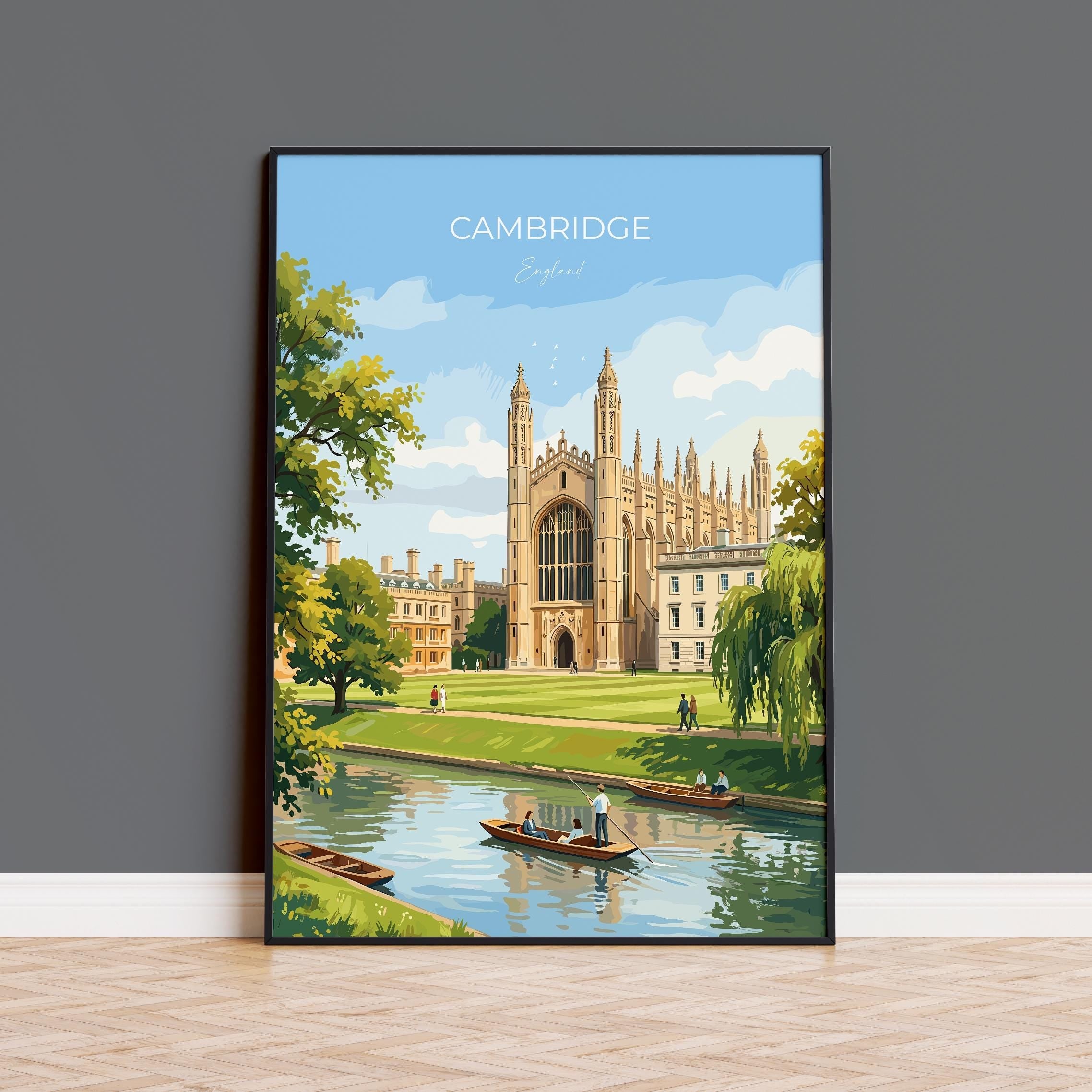 Cambridge Travel Print, Kings College Cambridge Wall Art, River Cam Punting Scene Poster, Historic University Illustration, City Style UK NQ Media Designs