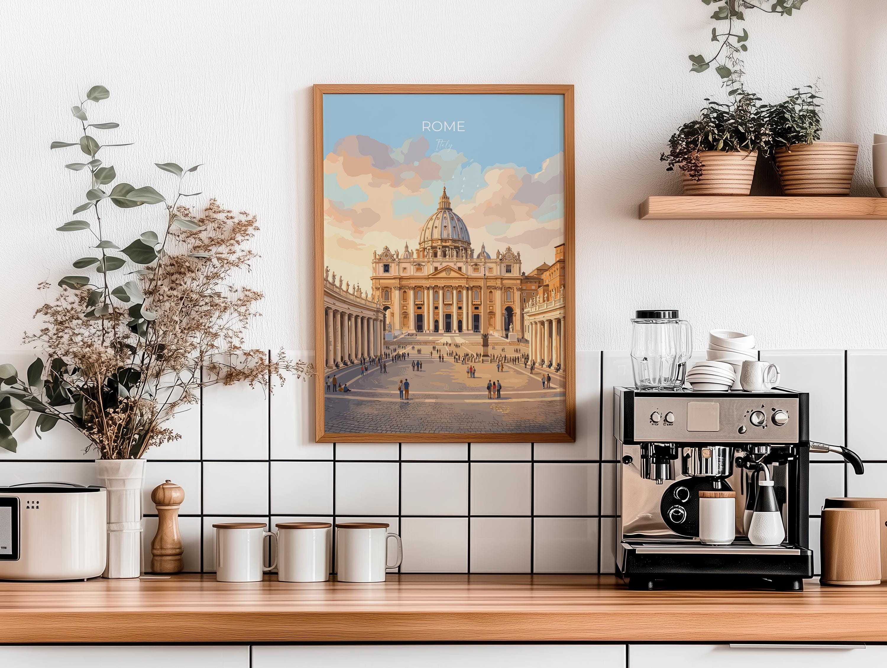 Rome St Peters Basilica Travel Print, Vatican Skyline Wall Art, Tiber River View Poster, Historic Cityscape Illustration, Italy Decor