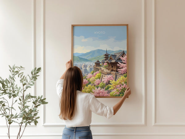 Kyoto Japan Travel Print, Cherry Blossom Temple Wall Art, Japanese Landscape Poster, Sakura Illustration, Asia Decor, Kyoto Gift