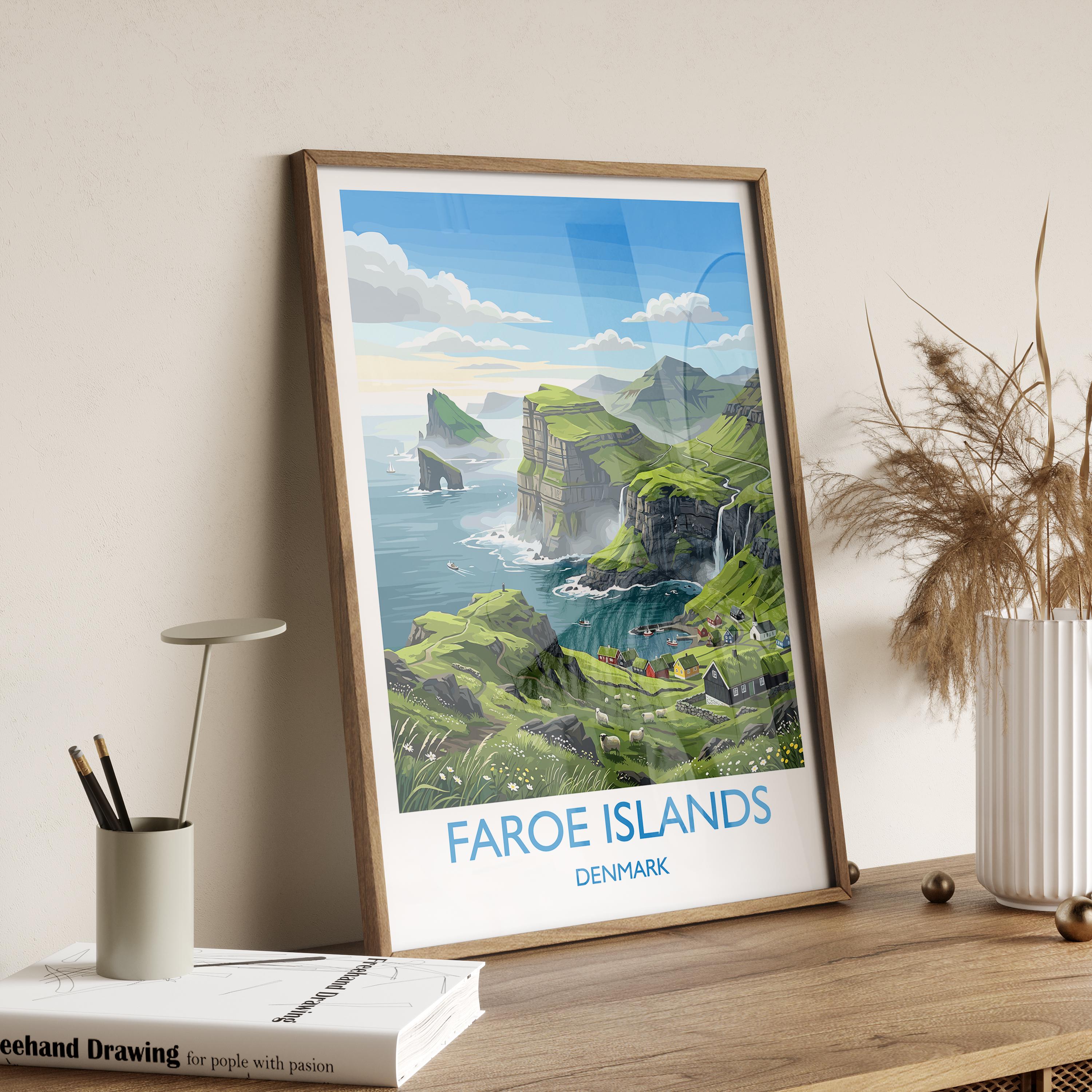 Faroe Islands Denmark Travel Poster, Faroe Islands Wall Art, Nordic Landscape Print, Dramatic Cliffs & Villages, Scandinavian Travel Decor