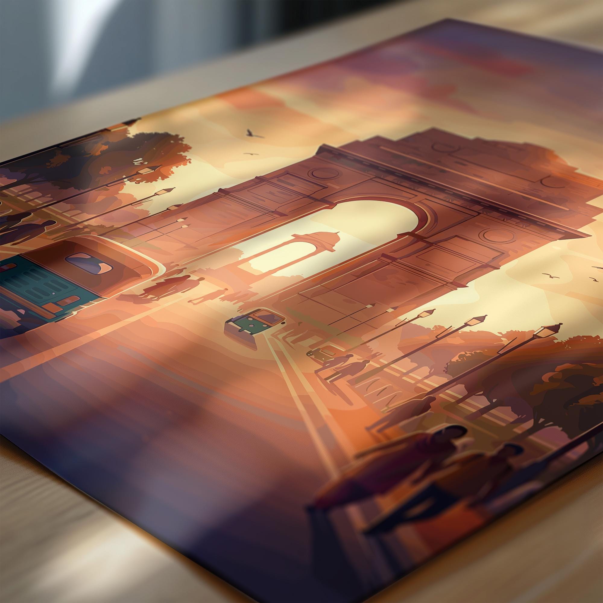 Delhi India Travel Print, India Gate Wall Art, New Delhi Landmark Poster, Monument Sunset Illustration, Vintage Style Asia, India Gift