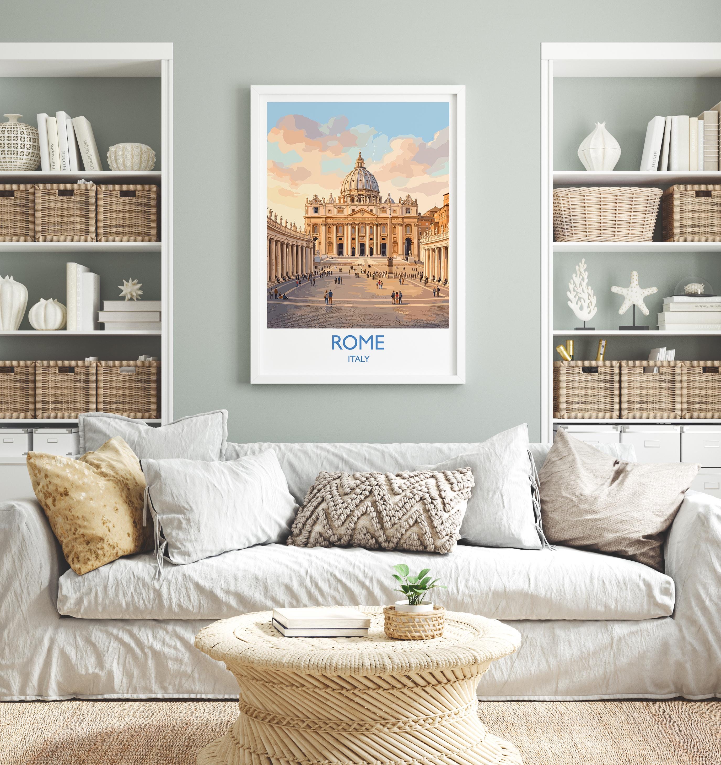 Rome St Peters Basilica Travel Poster, Vatican Skyline Wall Art, Tiber River View Print, Historic Cityscape Illustration, Italy Decor