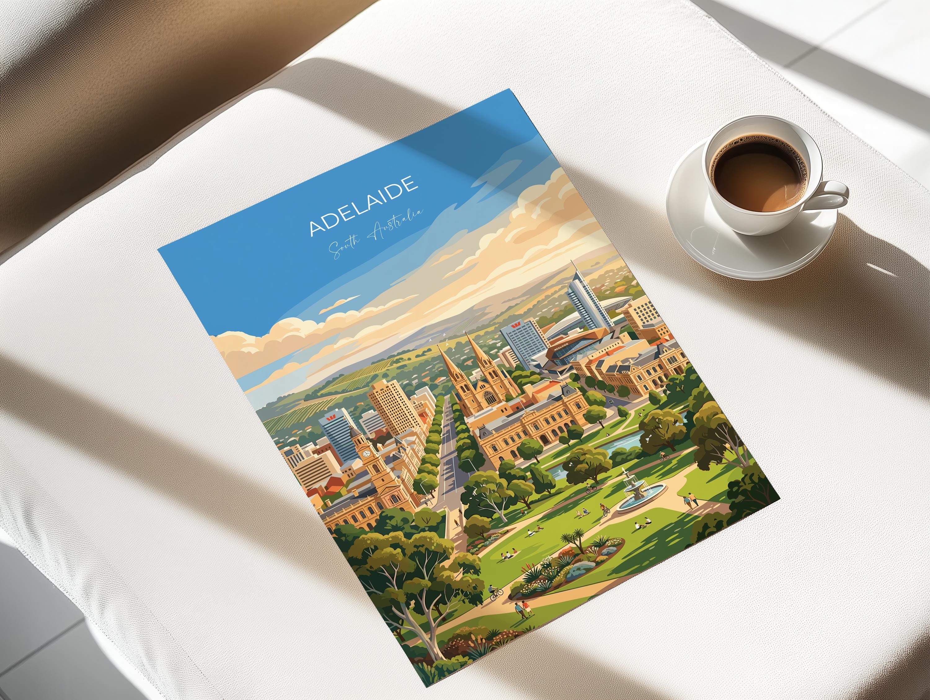 Adelaide Australia Travel Print, Adelaide Skyline Wall Art, River Torrens Poster, South Australia Cityscape Illustration, Australia Decor