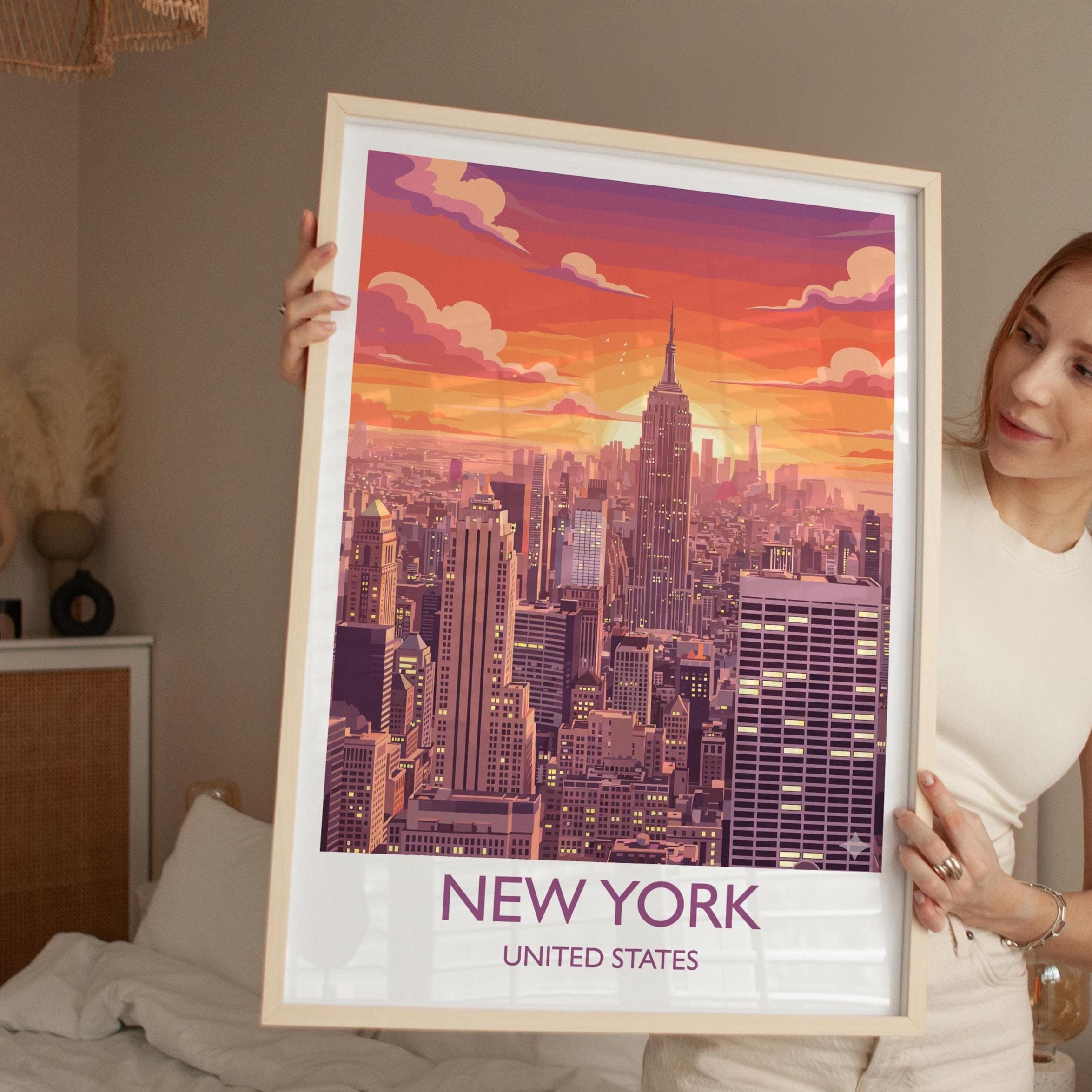 New York City Art Print, Manhattan Sunset Skyline View, Empire State, Travel Poster NQ Media Designs