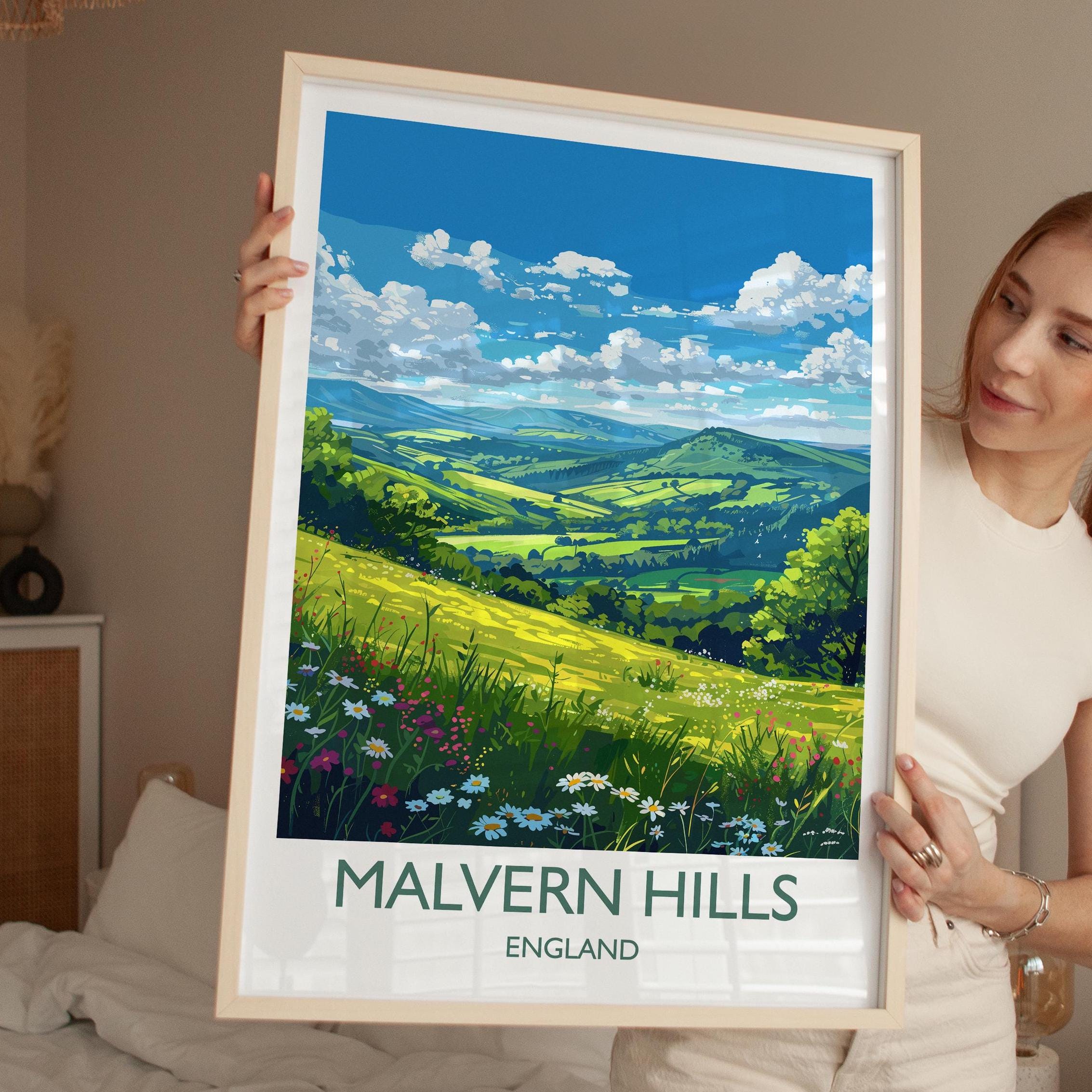 Malvern Hills Travel Poster Wall Art, Malvern Hills Travel Print, English Countryside Art Gift, Wall Art Print NQ Media Designs