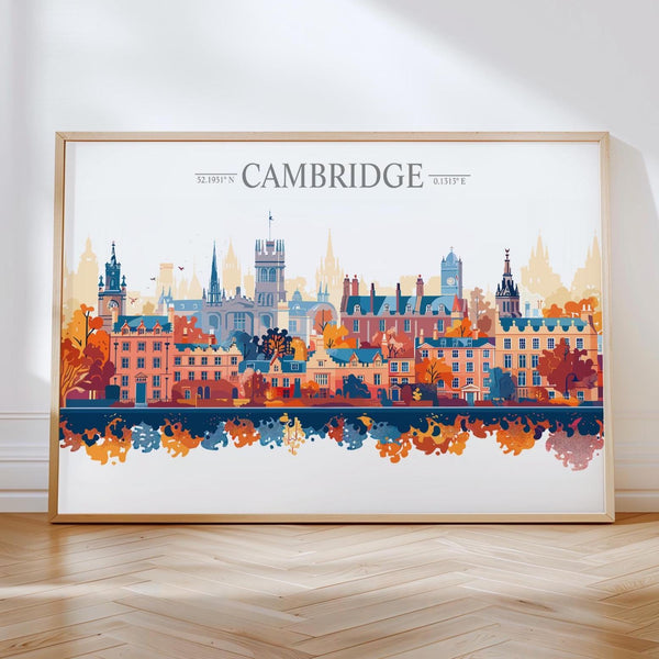 Cambridge Travel Poster Skyline Wall Art Landscape, Travel Print of Cambridge, Cambridge Art Lovers Gift, England Horizontal Art Gift