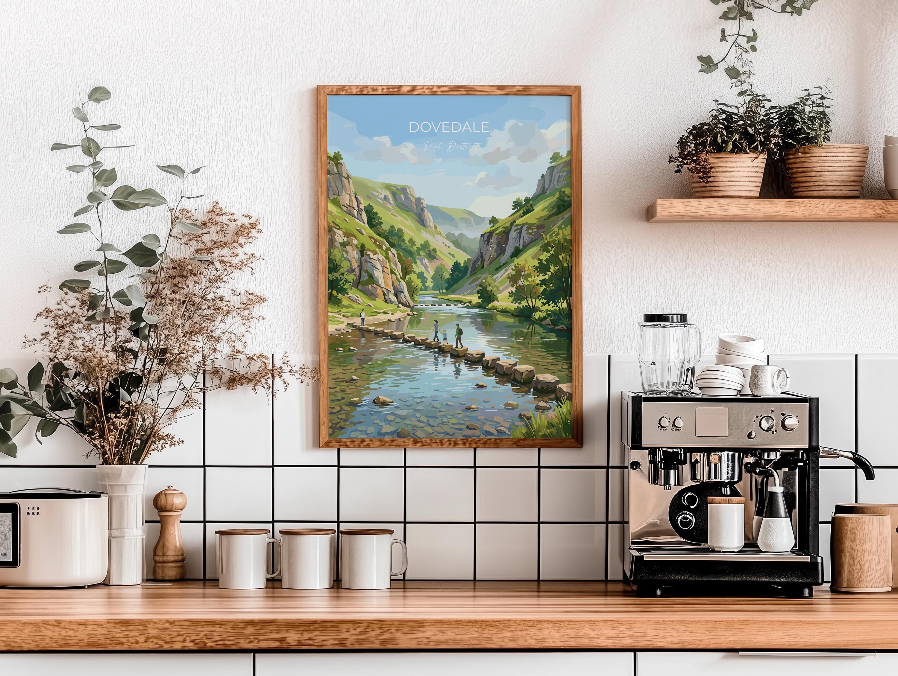 Dovedale Stepping Stones Travel Poster, Peak District Wall Art, Derbyshire Landscape Print, River Dove Illustration, UK Nature Decor