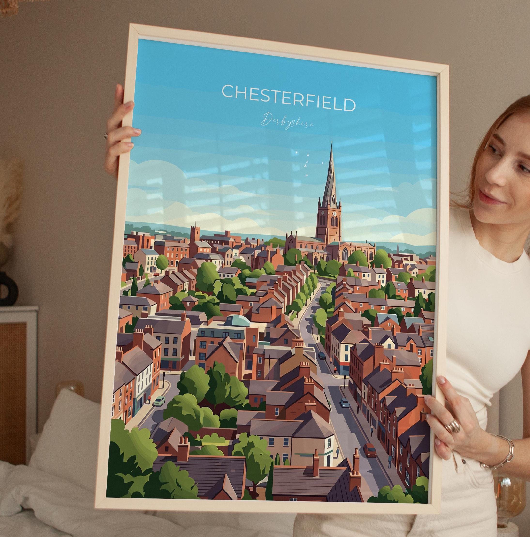 Chesterfield Travel Poster, Crooked Spire Church Wall Art, Derbyshire Town Print, St Marys Church Illustration, Chesterfield Gift