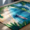 A vibrant illustration depicting a boat floating on a serene blue body of water, surrounded by lush green foliage and palm trees, with a picturesque beach scene in the background.