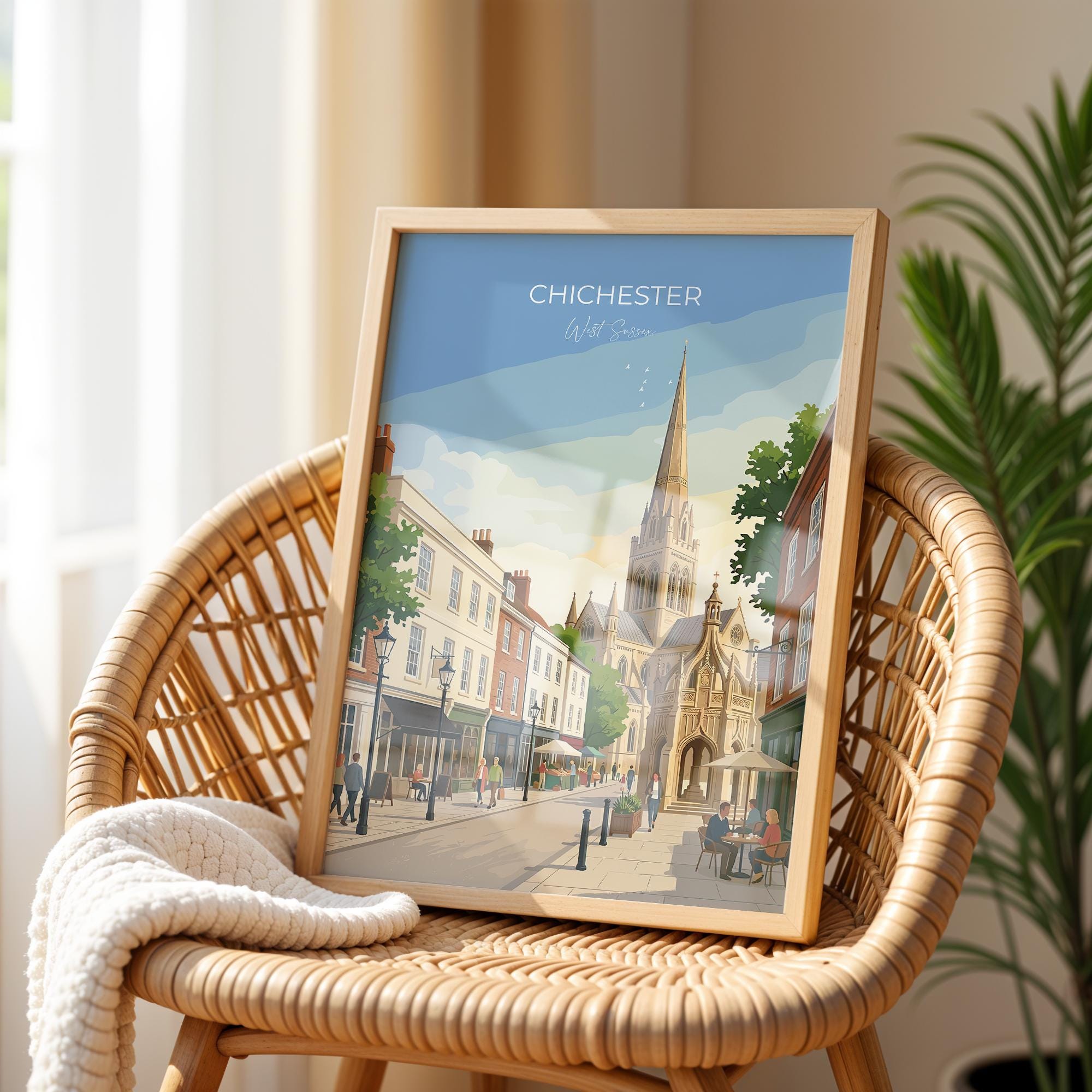 Chichester Cathedral Travel Print, Chichester High Street Clock Tower Wall Art, West Sussex City Poster, Historic England, Vintage Style UK