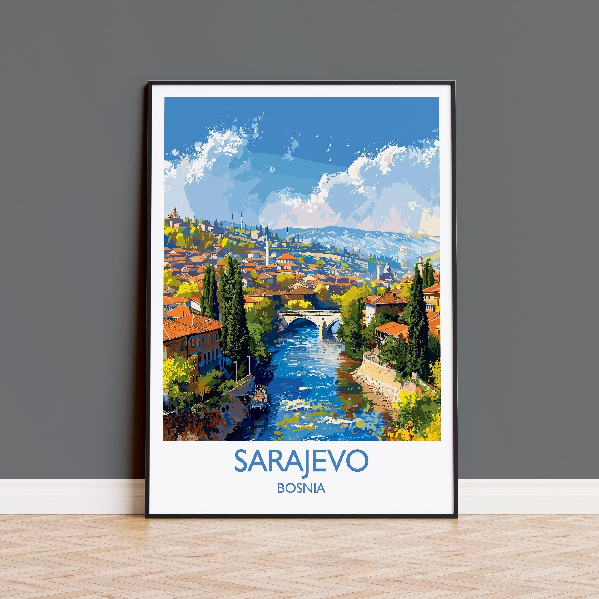 Sarajevo Travel Poster Wall Art, Travel Print of Sarajevo, Bosnia, Sarajevo Wall Art Gift, Bosnia Herzegovina City Print NQ Media Designs