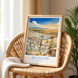 Jerusalem Israel Travel Poster, Old City Wall Art, Dome of the Rock Print, Jerusalem Skyline Illustration, Historic Middle East Decor