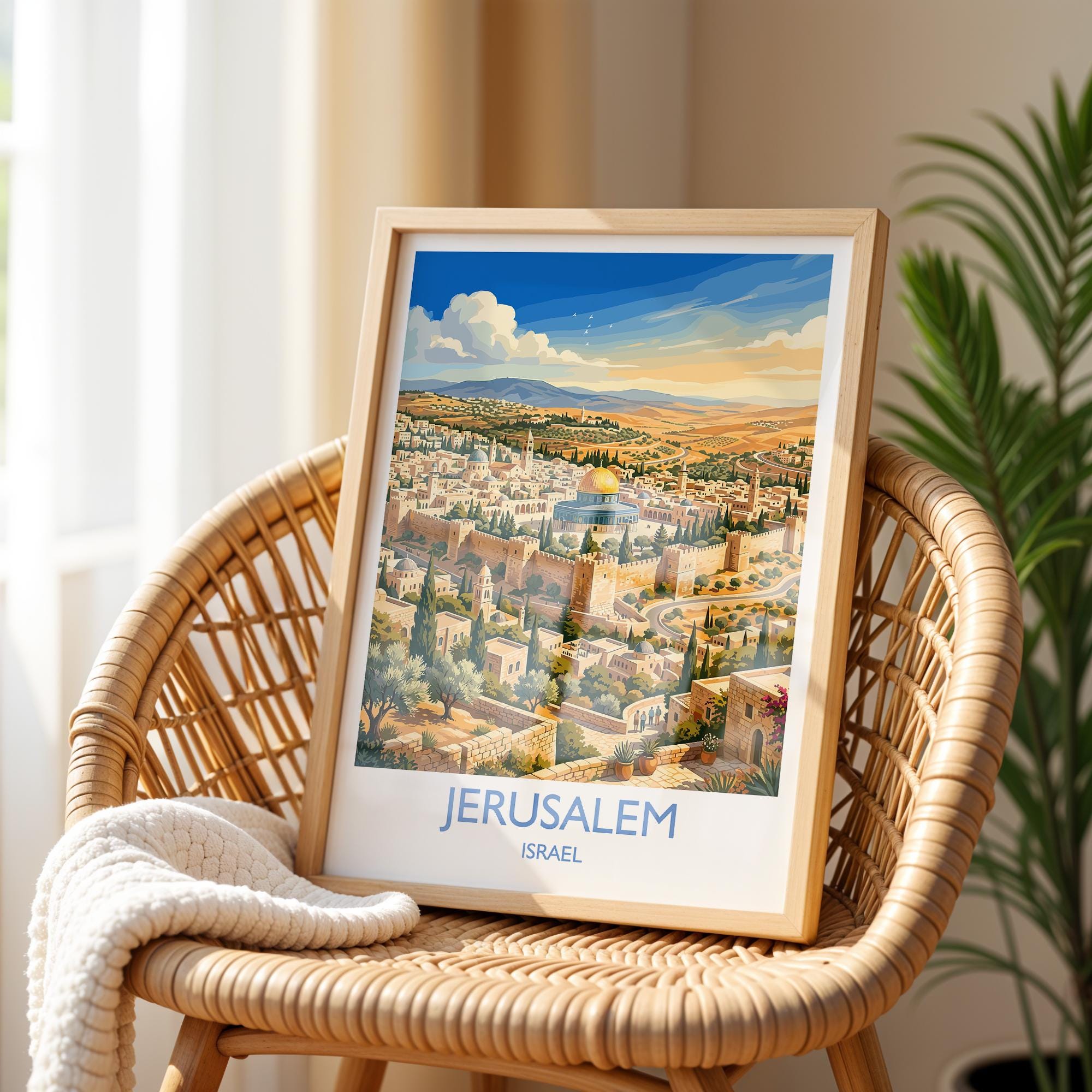 Jerusalem Israel Travel Poster, Old City Wall Art, Dome of the Rock Print, Jerusalem Skyline Illustration, Historic Middle East Decor