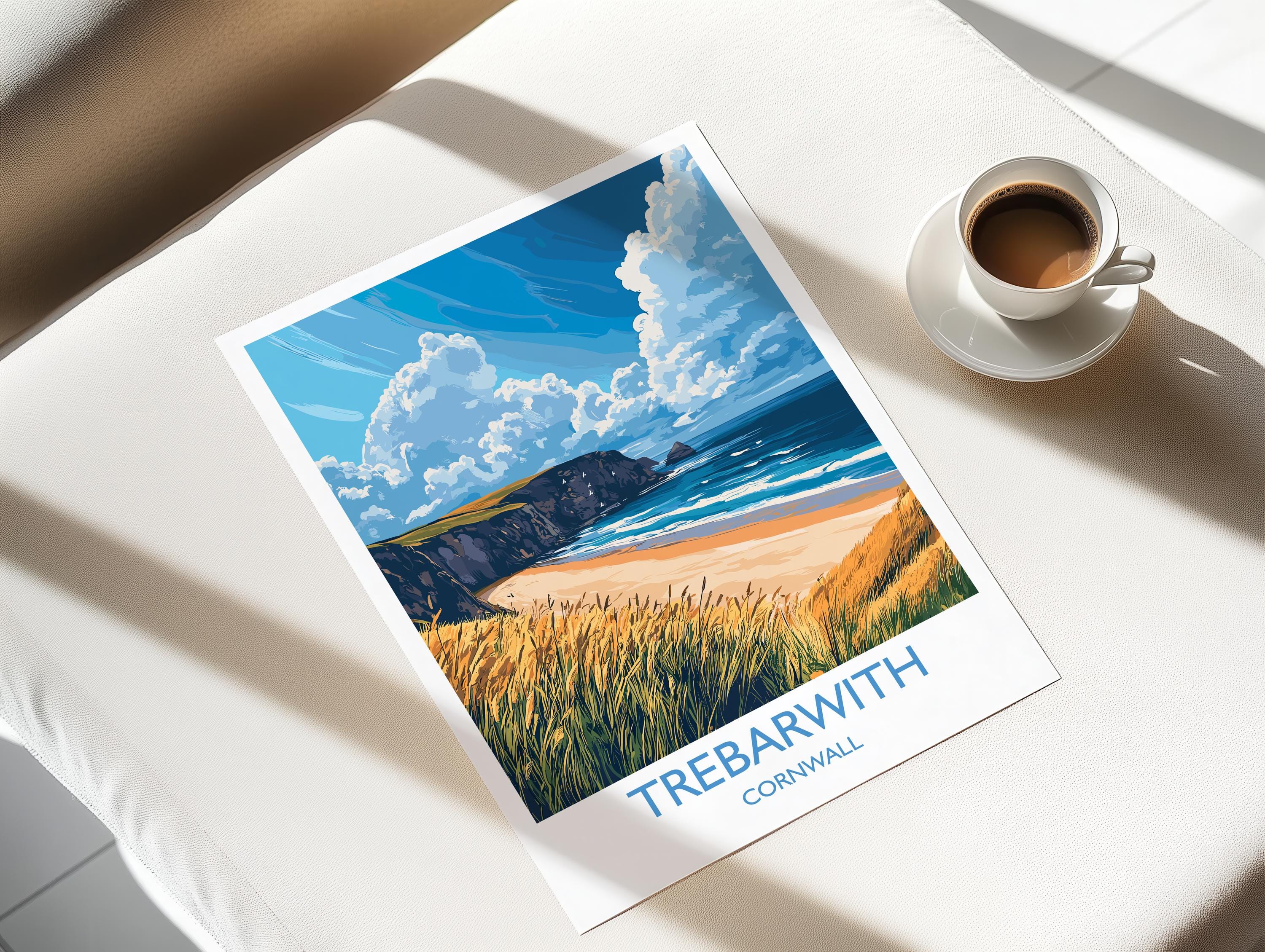 Trebarwith Travel Print, Travel Poster of Trebarwith, England, Cornwall Art, Trebarwith Art Lovers Gift, Wall Art Print NQ Media Designs