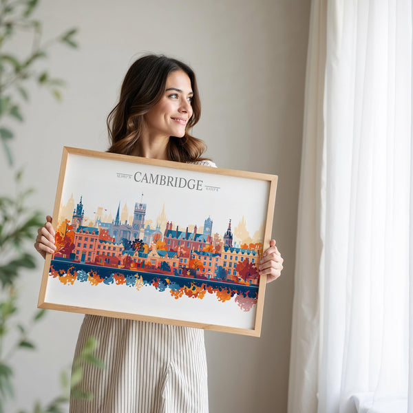 Cambridge Travel Poster Skyline Wall Art Landscape, Travel Print of Cambridge, Cambridge Art Lovers Gift, England Horizontal Art Gift