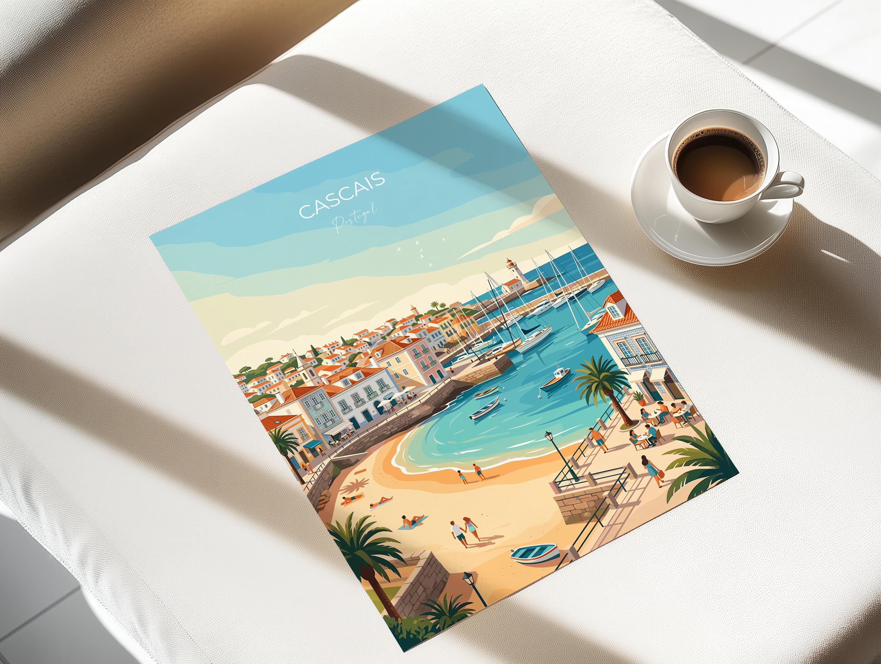 Cascais Portugal Travel Print, Portuguese Coast Wall Art, Seaside Town Poster, Atlantic Ocean Landscape Illustration, Europe Decor