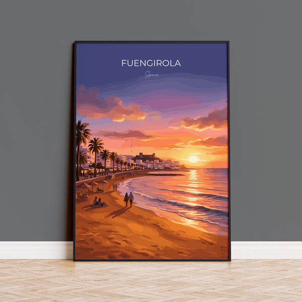 Fuengirola Spain Sunset Travel Print, Costa del Sol Beach Wall Art, Seaside Promenade Poster, Spanish Coastal Illustration, Holiday Decor