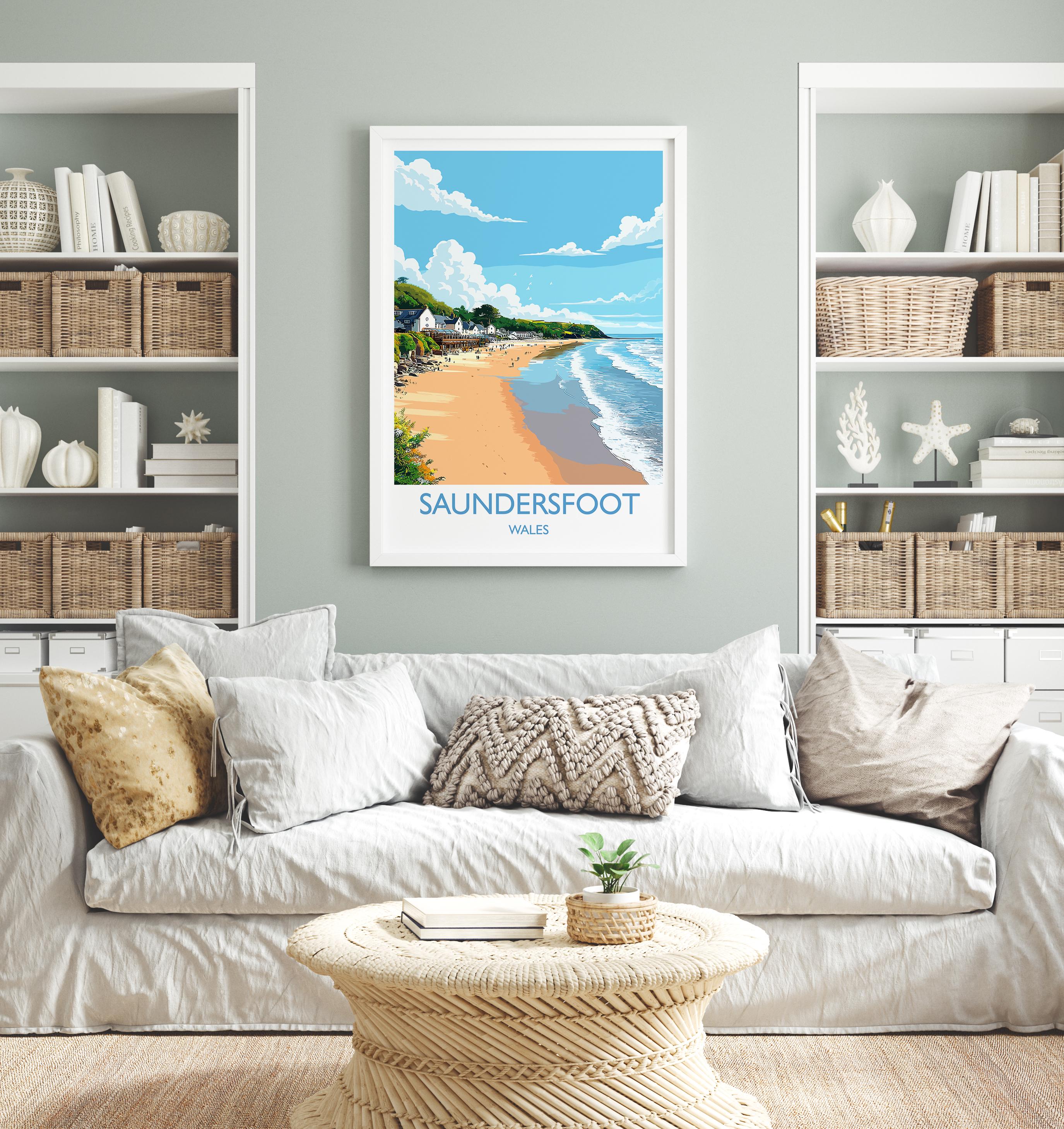 Saundersfoot Travel Poster – Pembrokeshire Coast Art with Wooden Frame Options NQ Media Designs