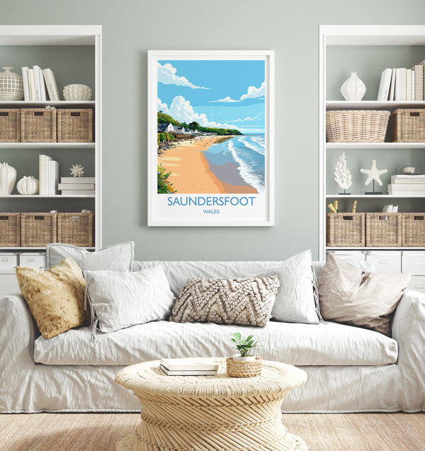 Saundersfoot Travel Poster – Pembrokeshire Coast Art with Wooden Frame Options