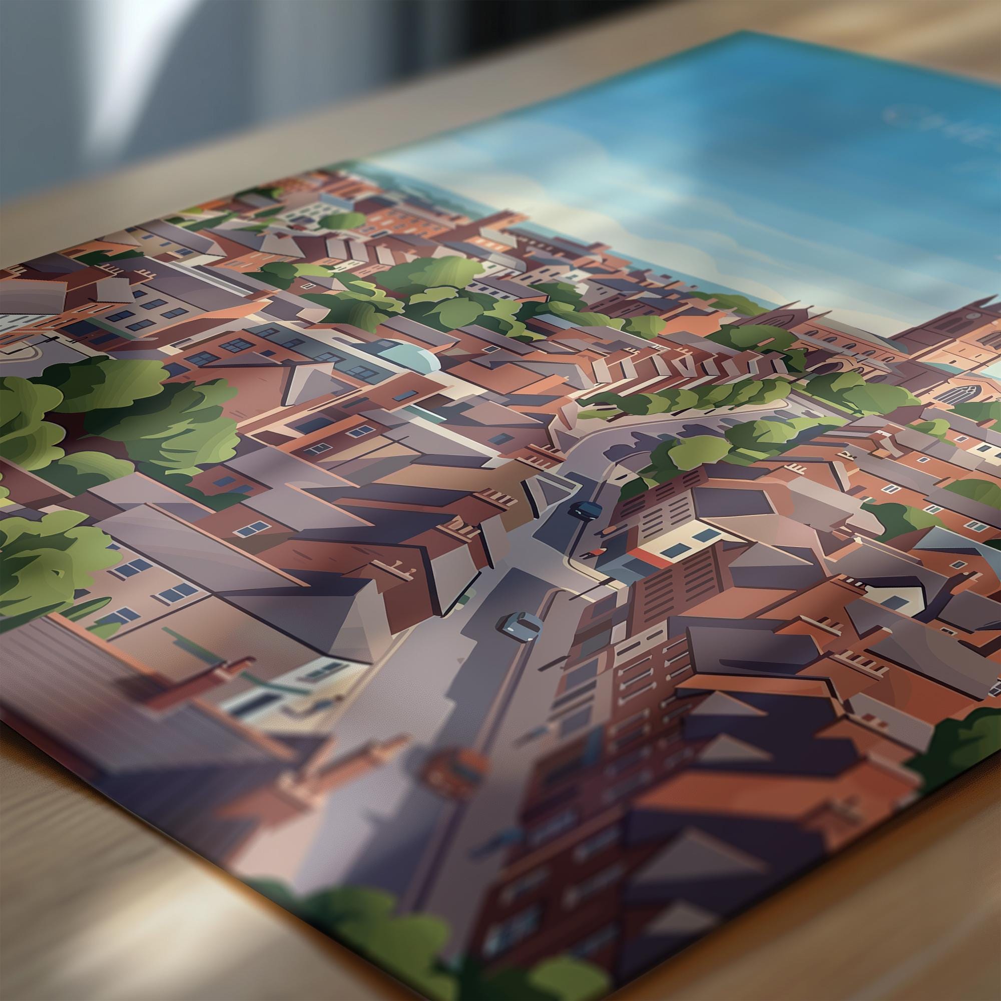 Chesterfield Travel Poster, Crooked Spire Church Wall Art, Derbyshire Town Print, St Marys Church Illustration, Chesterfield Gift