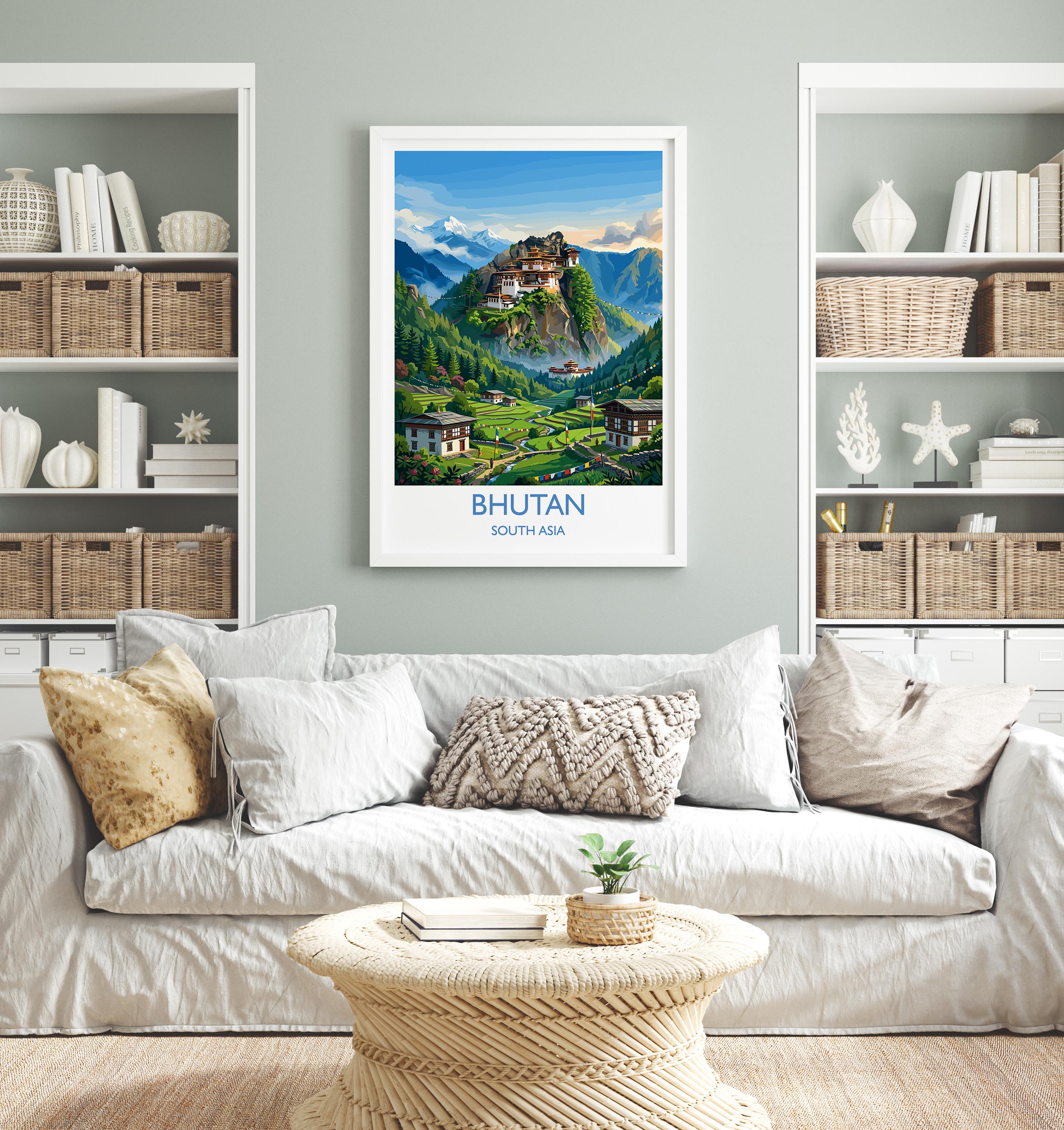 Bhutan South Asia Travel Poster, Himalayan Mountains Wall Art, Tiger's Nest Monastery Print, Bhutan Landscape, Vintage Travel Poster