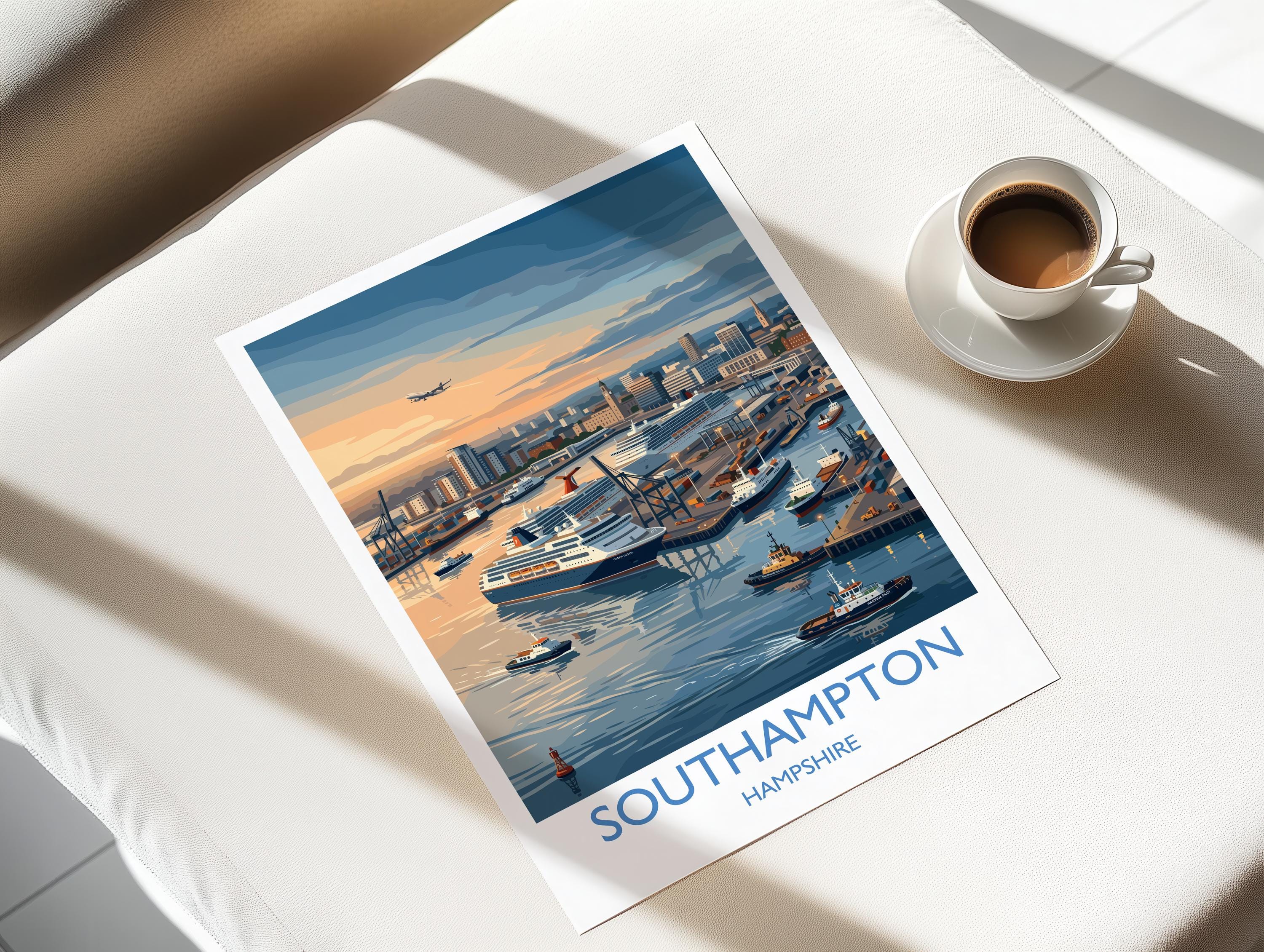 Port of Southampton Travel Poster, Southampton Docks Wall Art, Cruise Ship Harbour Print, Historic Port Illustration, UK Coastal Decor