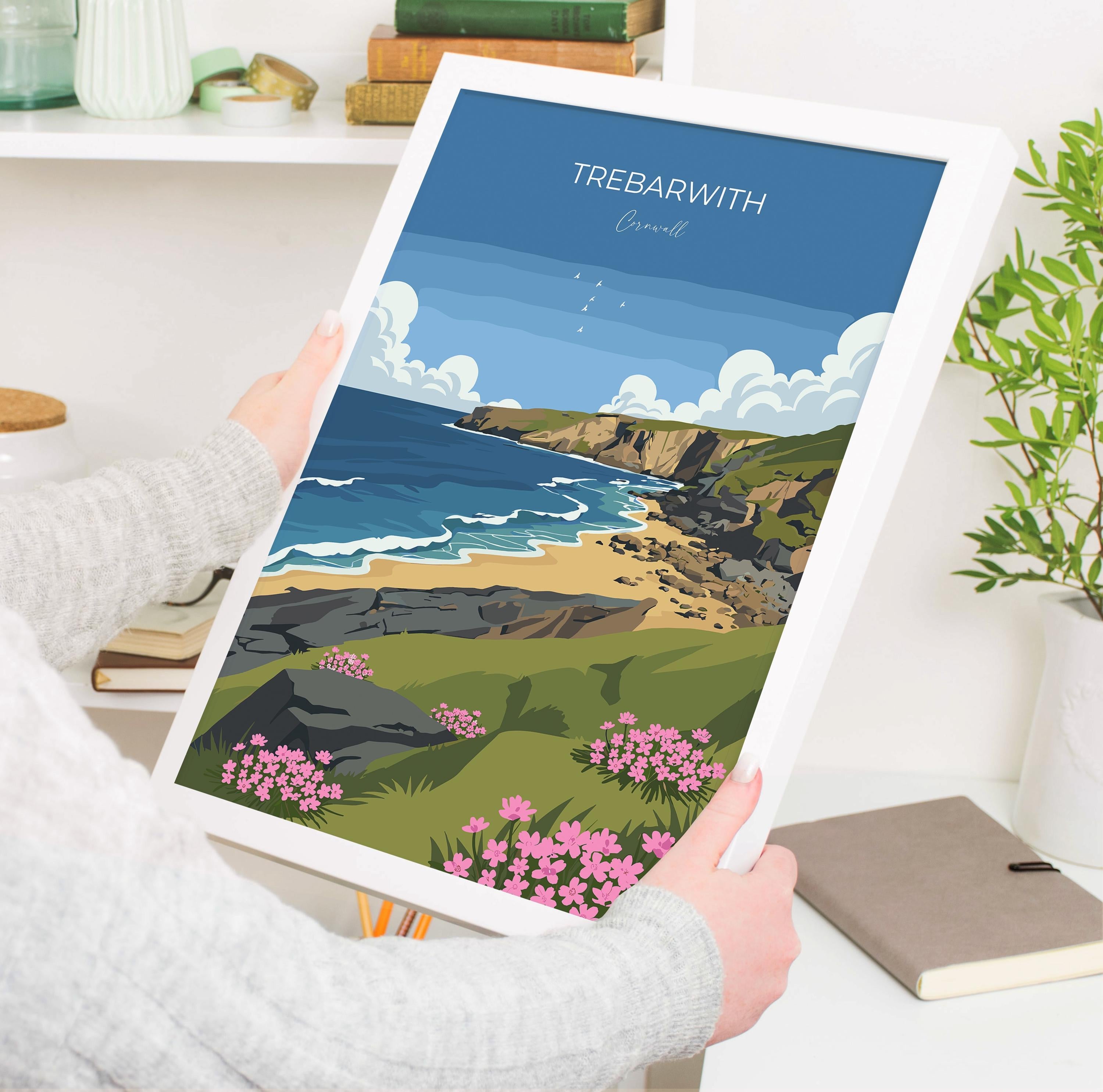 Trebarwith Travel Poster, Travel Print of Trebarwith, England, Cornwall Art, Trebarwith Art Lovers Gift, Wall Art Print NQ Media Designs