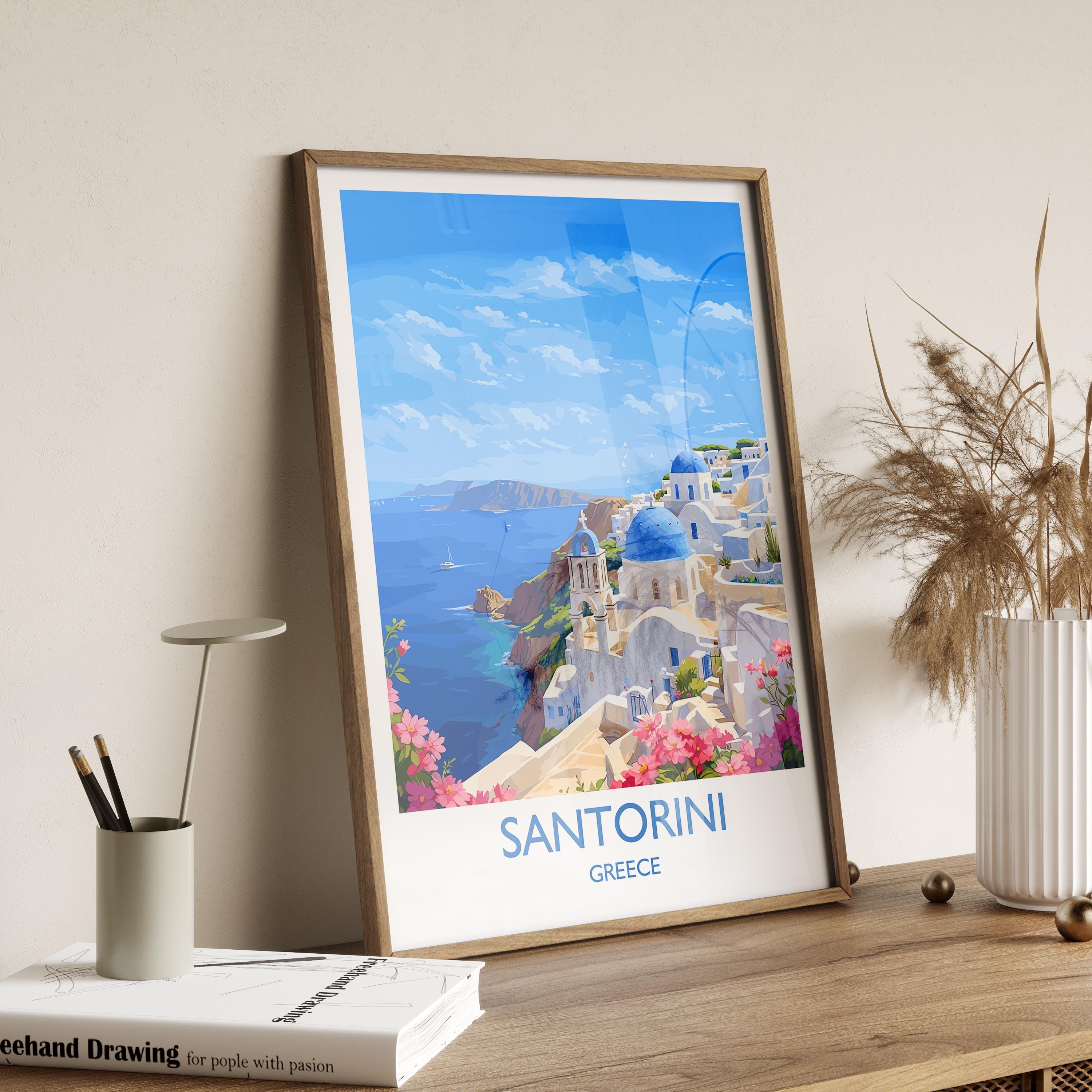 Santorini Travel Print, Travel Poster of Santorini, Greece Gift, Greek Islands Art Lovers Gift, Crete Gift Art, Wall Art Print NQ Media Designs