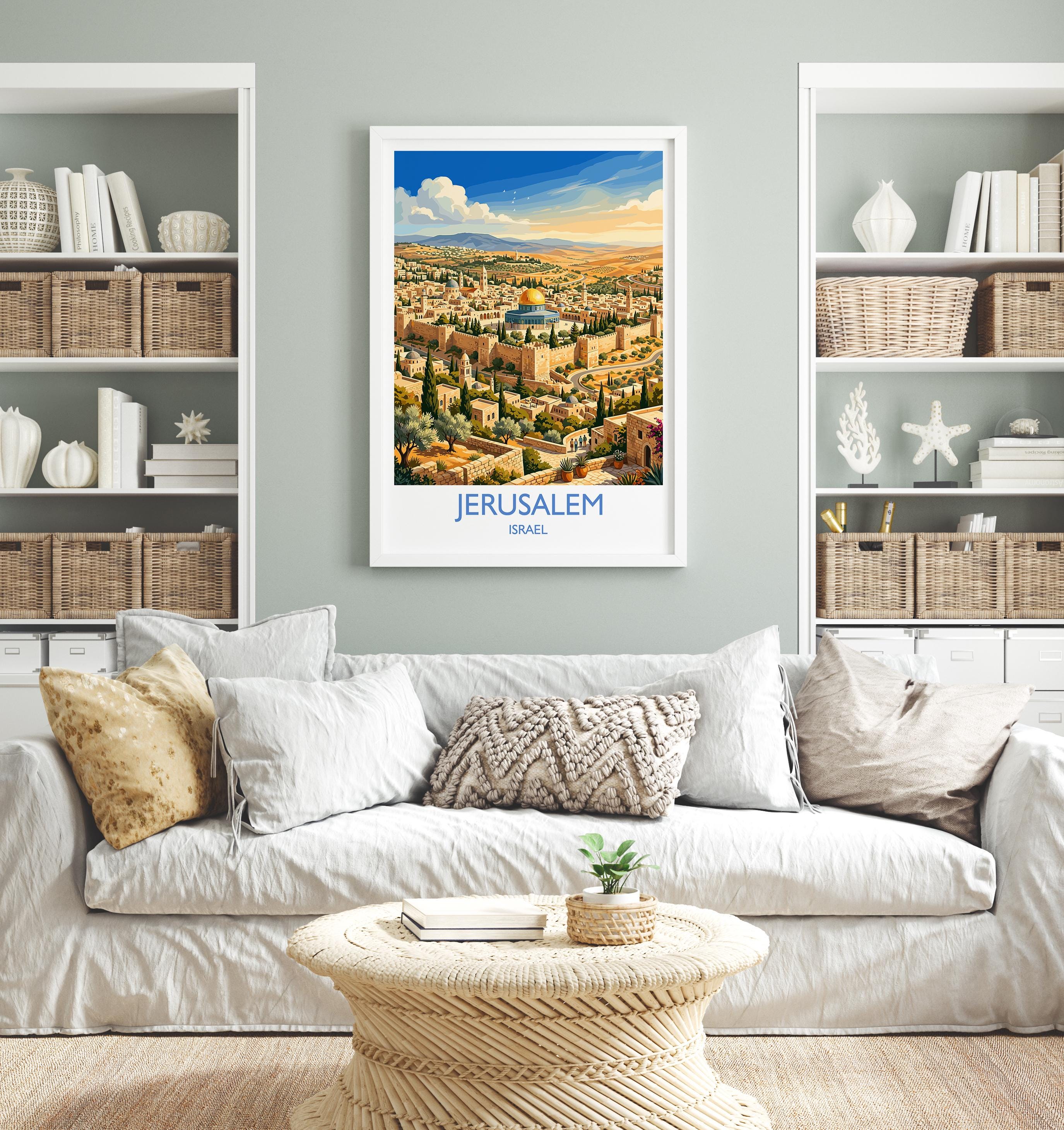 Jerusalem Israel Travel Poster, Old City Wall Art, Dome of the Rock Print, Jerusalem Skyline Illustration, Historic Middle East Decor