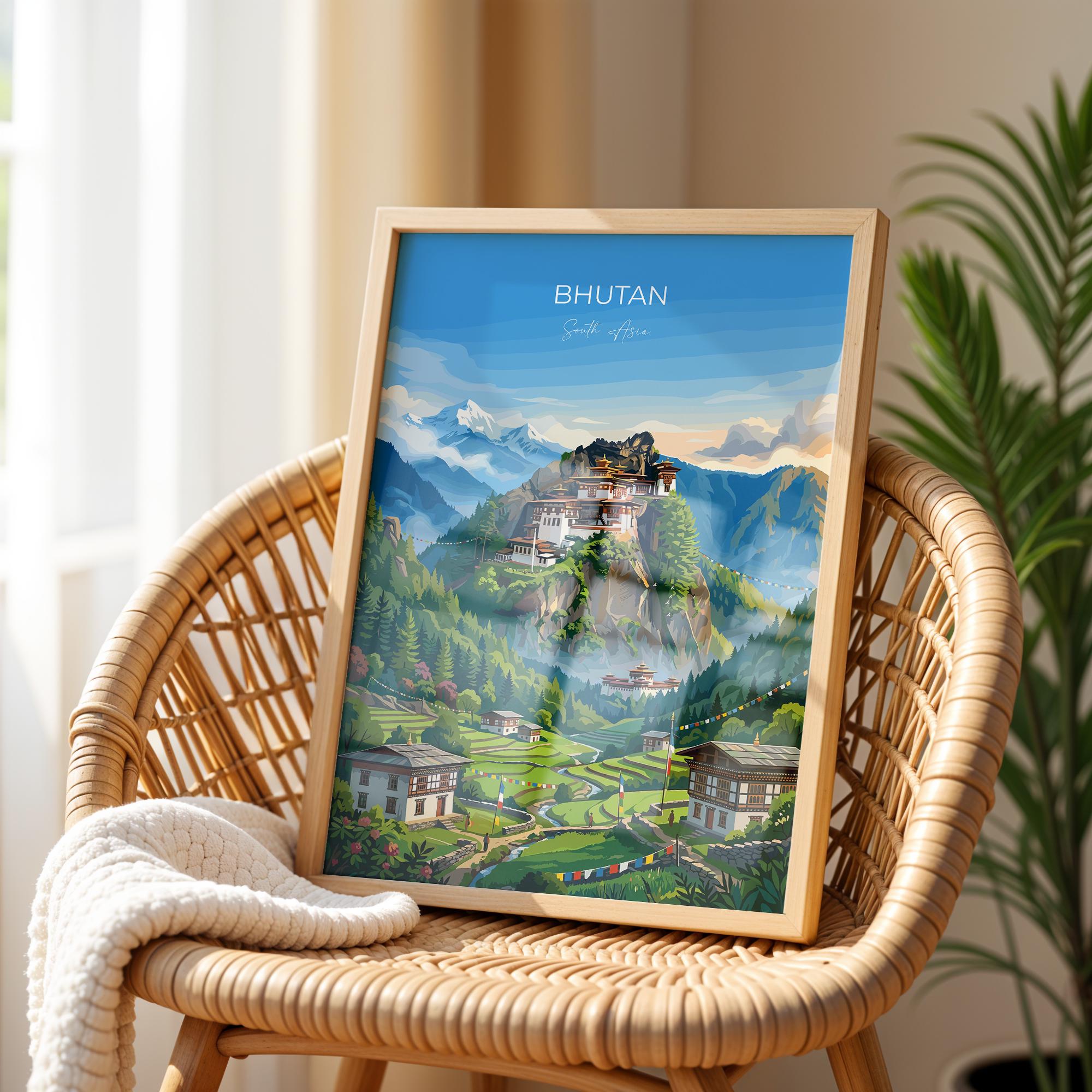 Bhutan South Asia Travel Print Himalayan Mountains Wall Art, Tiger's Nest Monastery Poster, Bhutan Landscape, Vintage Travel Poster