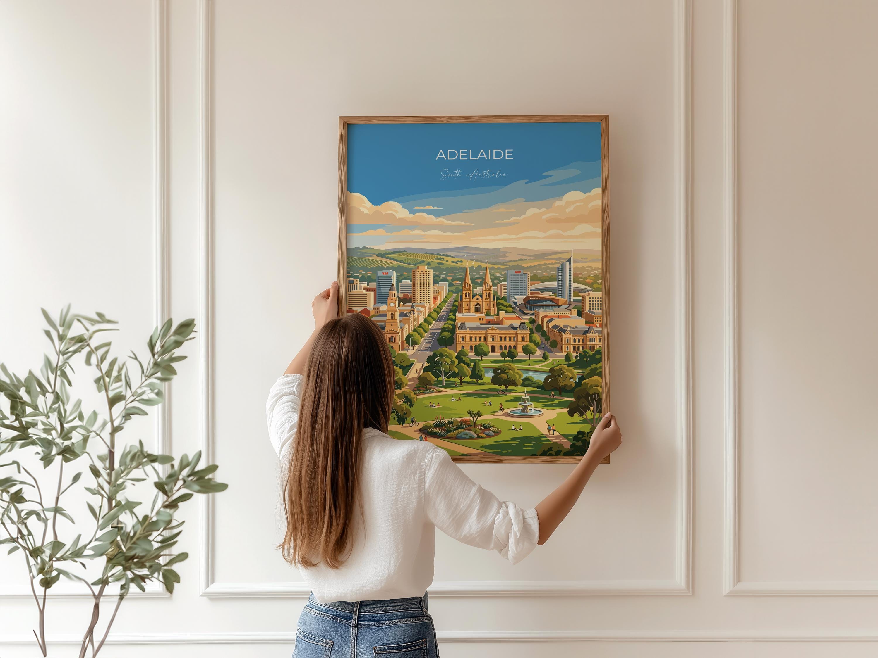 Adelaide Australia Travel Print, Adelaide Skyline Wall Art, River Torrens Poster, South Australia Cityscape Illustration, Australia Decor