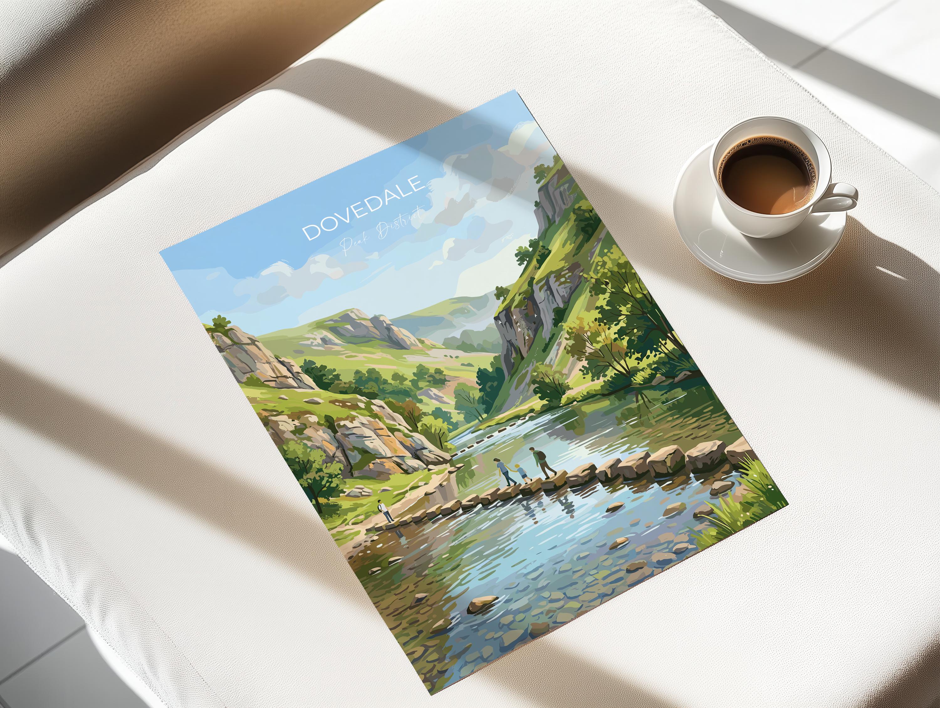 Dovedale Stepping Stones Travel Poster, Peak District Wall Art, Derbyshire Landscape Print, River Dove Illustration, UK Nature Decor